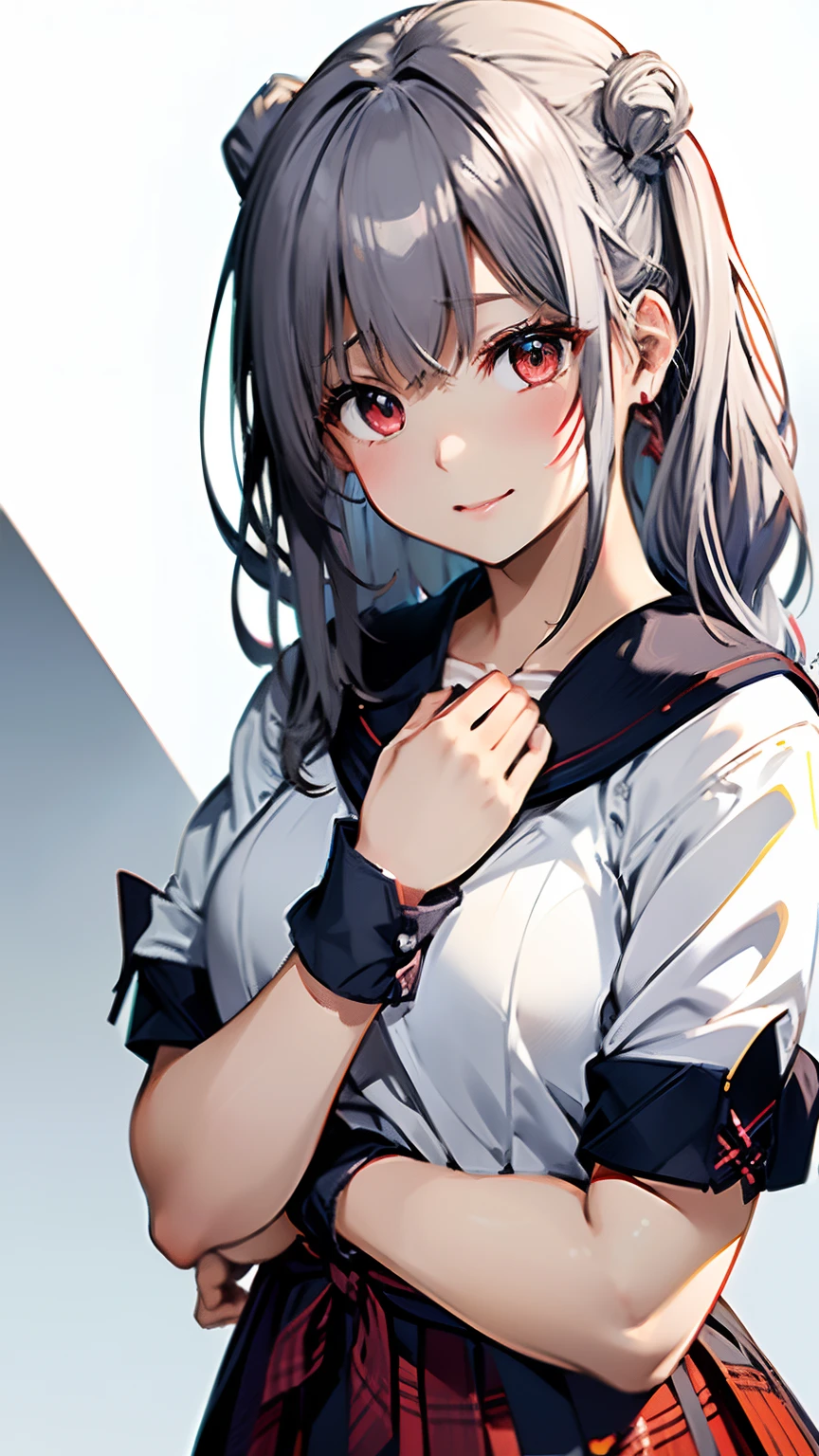 (top-quality, 8K, 32K, masterpiece, nffsw:1.2), (Raw photography), (realisitic), (Photorealsitic:1.2), (hight resolution), ultra-detailliert, extremely beautiful face and eyes, 1girl in, (Lori), infp young woman, round small face, big breasts thin waist、(((tiny chest)))、(((White wall background)))、slim proportions, (student clothes, a sailor suit、White sailor suit, The collar has a red plaid pattern、Dark blue pleated skirt:1.23), (bustshot)、(((silber hair)))、((Sailor suit with short sleeves))、((closing eye))、((Mouth closed))、(((The ends of the hair are tied)))、(((side poneyTail)))、(((I have my hands on my chest)))