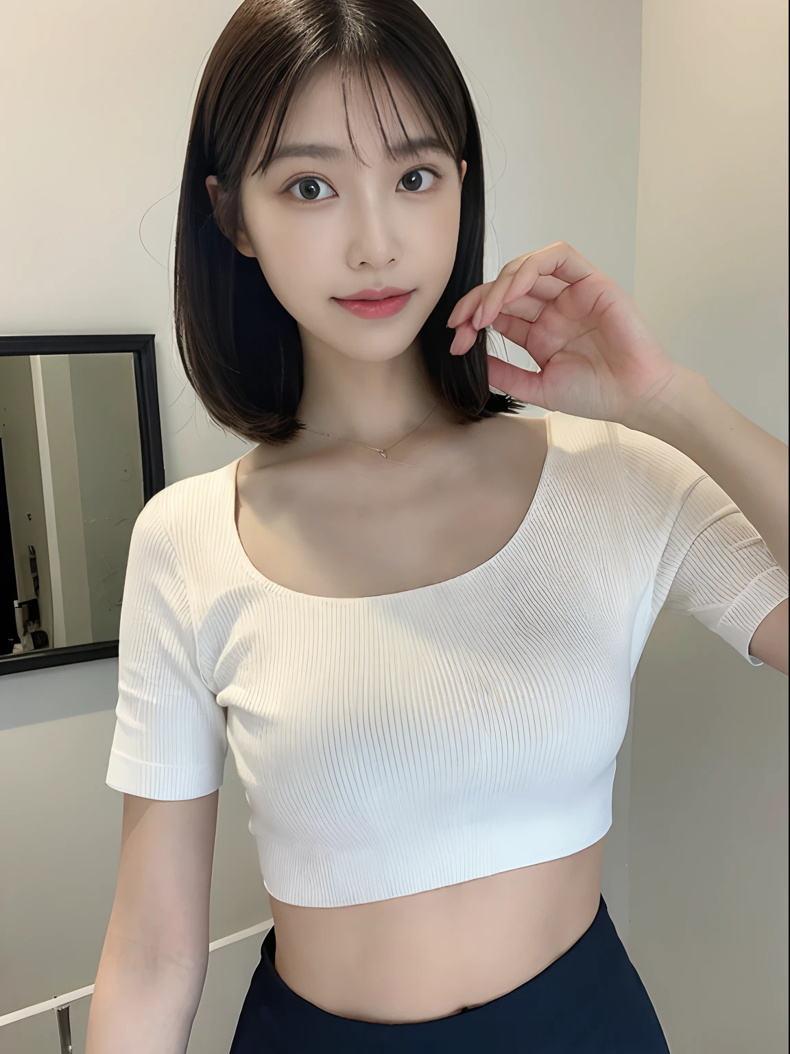 1 girl in, (Best quality, high resolution, masutepiece :1.3), A tall and beautiful woman, Slender abs,Short black hair,Scattered wavy, no-bra, nedium breasts, Wearing a pendant, Short white crop top sleeves. bag over the waist,Blue hip skirt, (Mirror in the background), Details exquisitely rendered in the face and skin texture, Detailed eyes, 二重まぶた