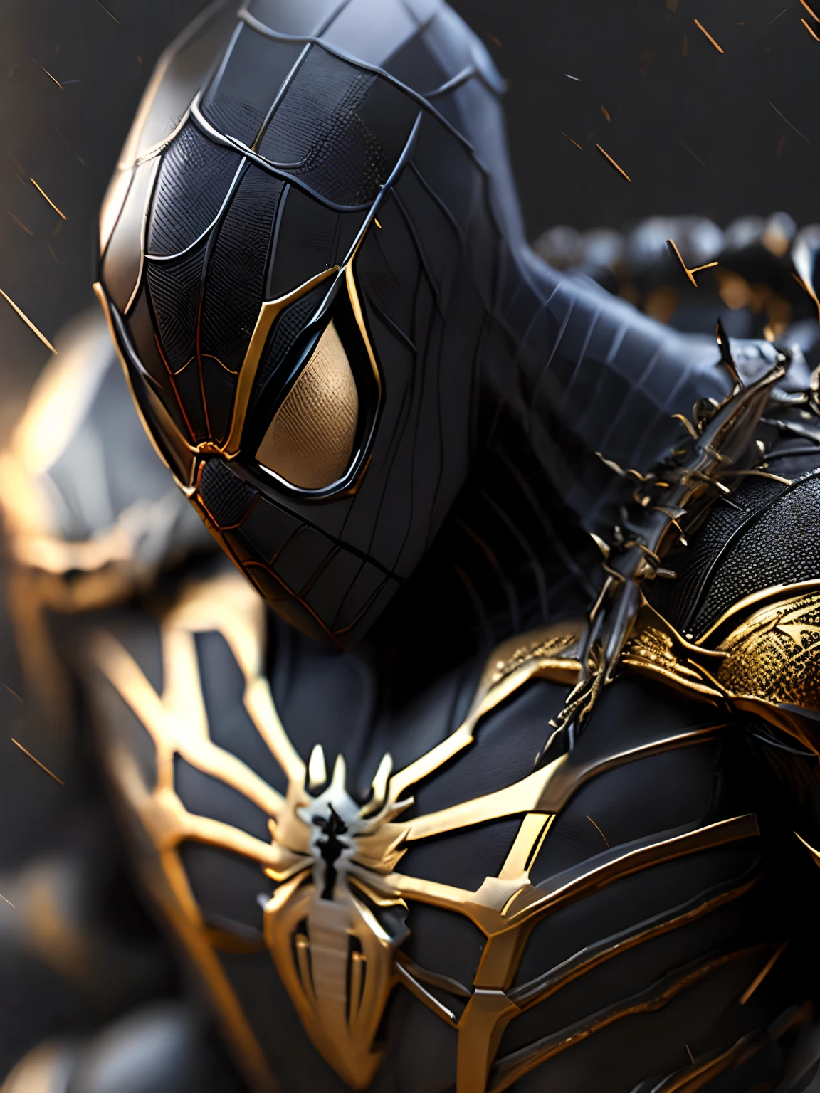 Close-up ( Steal metal black and gold spider man from Marvel in Goth style: 1.3) emerging from the reflective steal metal, extremely detailed, smoke, sparks, metal shavings, flying debris, volumetric light