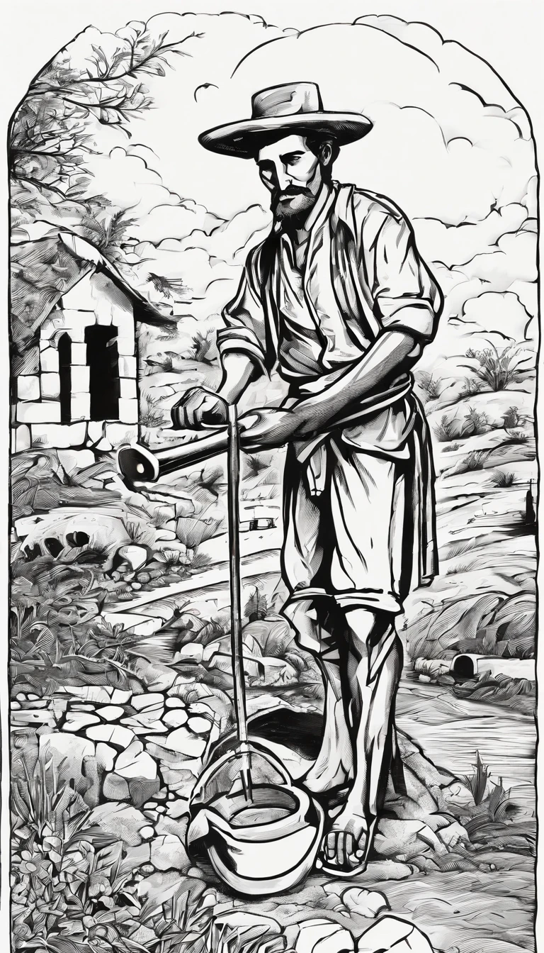 A black and white commercial illustration of a man dressed as a peasant, parecendo cansado, Holding a digger in his right hand. He is digging an artesian well in search of water, localizado perto de sua aldeia. The village is depicted in a rustic way, com terra seca ao redor. The image should have a comedic style, with fine strokes and a touch of manga. O trabalhador do campo deve ser retratado em detalhes, with his facial expression demonstrating fatigue and determination in his task. A imagem deve ser em preto e branco, with a pencil and ink caricature drawing style. Be sure to capture the peasant's effort as he digs, symbolizing resilience in the face of the challenges of village life."