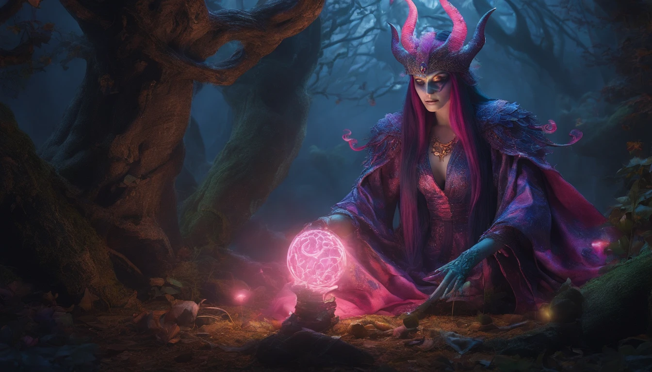 (a blue-haired demon woman,spells:1.1,glowing:1.1)(illustration)(best quality,ultra-detailed,realistic:1.37),demonic witch(demonic:1.1)(magic:1.1)(forest)(dark and mysterious,ominous atmosphere),casting powerful spells,creating magical energy(magic:1.1),vibrant pink hair(swirling pink hair)(flowing pink hair),horns(devil horns:1.1),piercing red eyes,enchanted scepter(magical scepter),elaborate dark robe,glowing magical sigils,fiery embers swirling(magical embers:1.1)(glowing embers),magical aura(glowing aura),eerie shadows,otherworldly presence(presence),sinister smile,nightfall in the background(dark night:1.1)(moonlit forest),lush and dense foliage(twisted trees)(mystical plants:1.1),mystical particles(swirling particles)(floating particles),ethereal glow(ethereal:1.1)(soft glow),faint moonlight breaking through the trees,haunting and captivating(scary atmosphere),bewitching beauty,wide range of colors(vivid colors)(contrasting colors),mystical realm,impressive details,dynamic composition,mesmerizing artwork,photorealistic style(picasso style),impressive shading and lighting,explosive energy,magical atmosphere(fantasy atmosphere),dreamlike scene