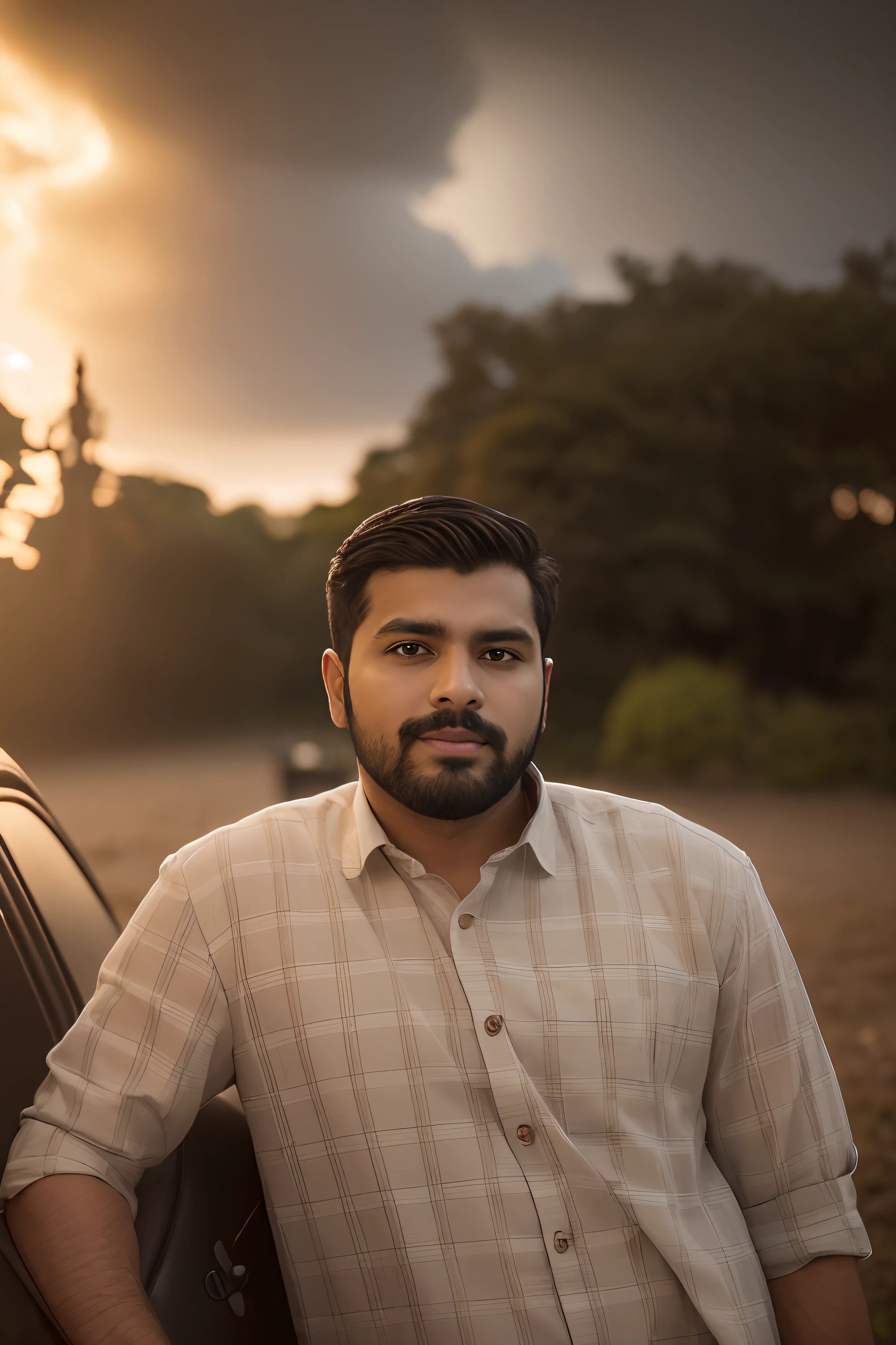 portrait of 30 years old  Indian male model with extreme detailed face, handsome, black coat, white shirt, short brown hair, short beard, jean pants, black boots, seductive smile, autumn landscape, raining, storm clouds, high detail face, facial-symmetry, high detail clothes, ultrarealistic, high detail body