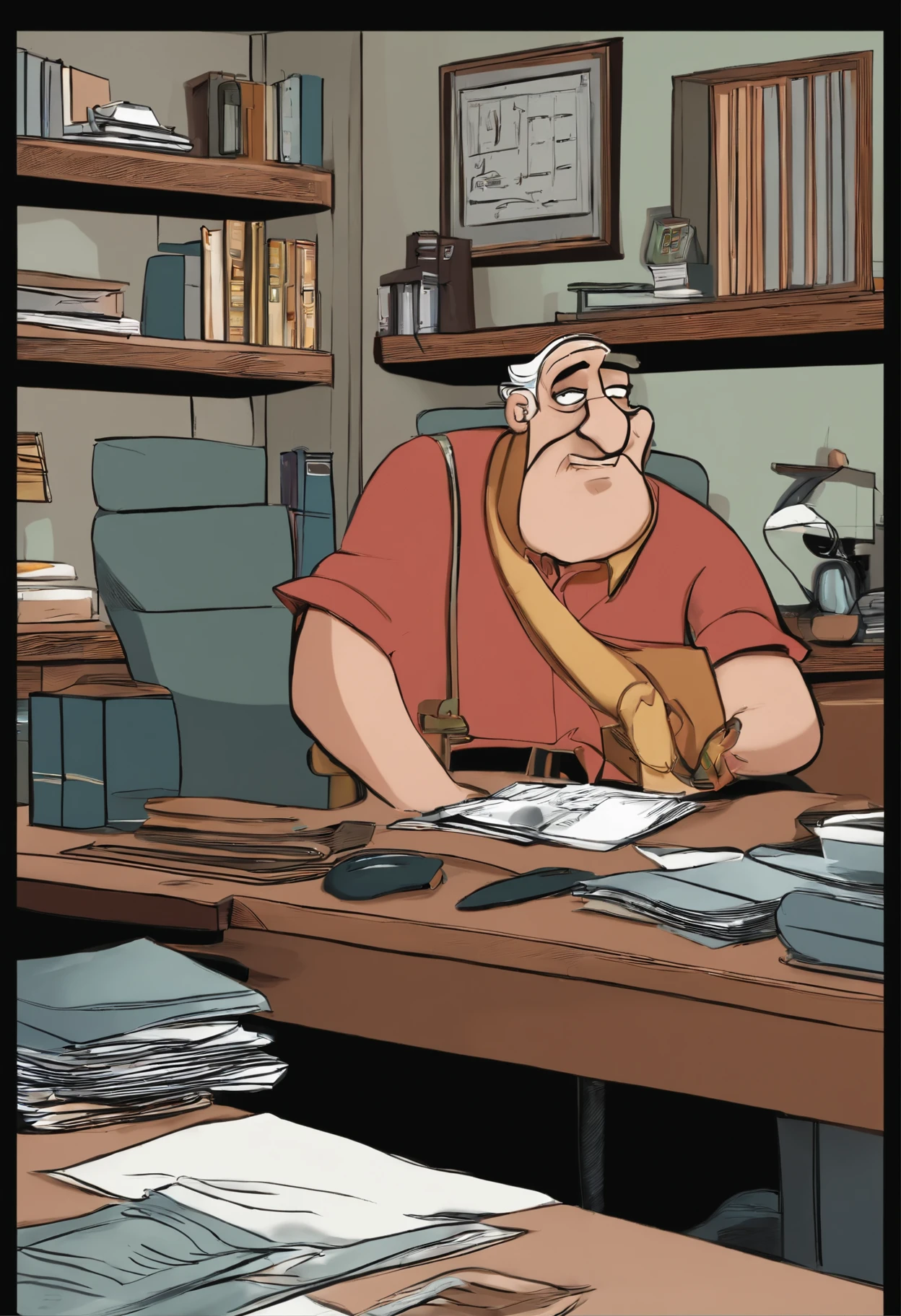 Man sitting at office desk, pixar, close up, frontal