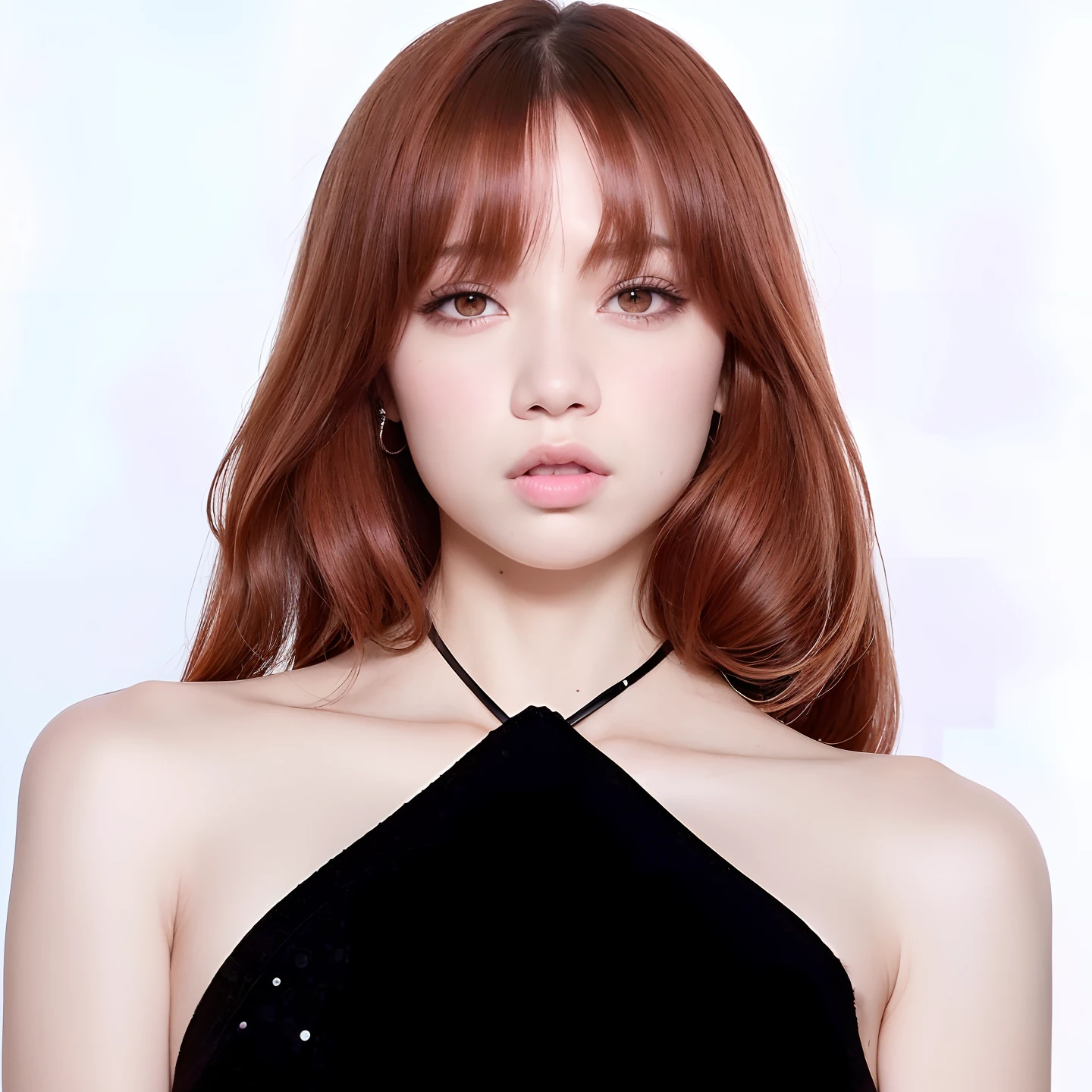 un primer plano de una mujer con el pelo largo y rojo con un vestido negro, Lalisa Manobal, Lalisa Manoban de Blackpink, Sun Yunjoo, Jossi de Blackpink, Retrato de Jossi de Blackpink, Flequillo partido en el centro, con flequillo, Cabello limpio con flequillo, Ella tiene el pelo negro con flequillo, Parque Ji-min, JIA, brown bangs