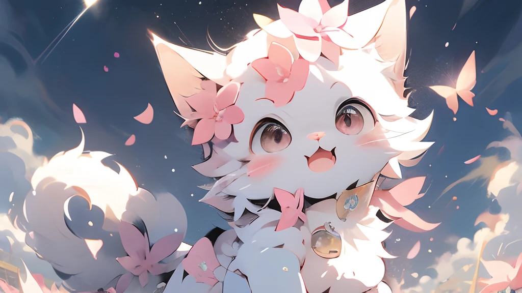 anime cat, anime visual of a cute cat, realistic anime cat, cute detailed digital art, Anime Art Wallpapers 4 k,Very beautiful furry art, Cute Anime Cats, white cat、Pink eyes、Pink eyes、butterflys々、butterflys々is flying、blue-sky、Sunnyday、Running、a smile、kirakira、rainbows、Rainbow、grass field、flower  field、Pretty flowers、With background