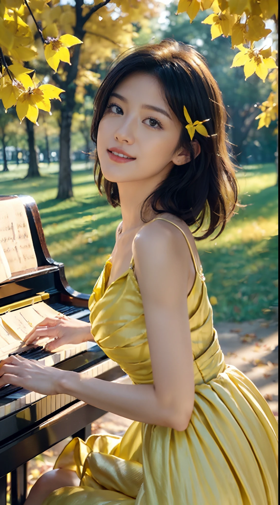 (Short black hair straight shoulder to shoulder:0.9),（极其细致的CG 8k壁纸），（Extremely refined and beautiful），（Masterpiece），（best qualtiy:1.0），（超高分辨率:1.0），beautiful light up，Perfect lightning，realistic shaded，[A high resolution],(Smooth and flawless fair skin:1.5),Extremely delicate facial details，ultra - detailed，one-girl，Small head，Smile，cheerfulness, (Late autumn:1.5),mid afternoon，Close-up Shot Shot,(In Park:1.5), Clear sky, Blue sky,Yellow-leaved tree,Yellow leaves flutter in the air,There are many yellow leaves on the ground,Yellow Grassland,Bright sunlight,Sit upright on a stool next to the piano，(Playing the piano with both hands:1.3)，Enjoy the expression of comfort and intoxication,Small face,Hair flying,(Perfect body:1.1）,Small breasts，Flat chest，Slim，Thin，(Gorgeous yellow evening dress :1.5),Slender legs,(Close-up of upper body:1.3),Sideways