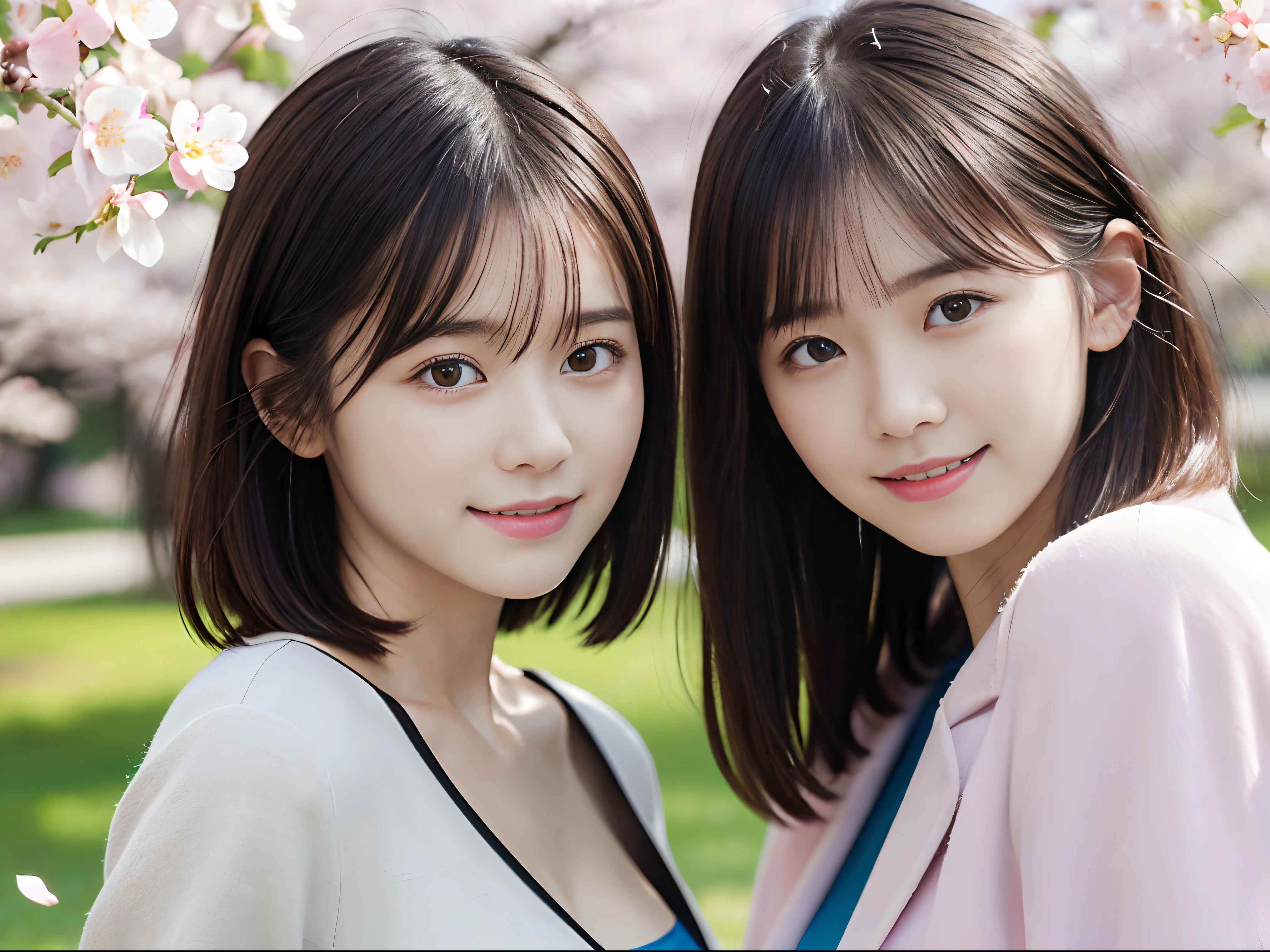 (Pastel jacket and shirt with thin small breasts and short hair、Close up of two girls with dull bangs:1.5)、(Two girls dancing with little smiles、Let your hair flutter in the wind :1.5)、(Rows of cherry blossom trees in full bloom and cherry blossom petals dancing in the wind:1.5)、(Perfect Anatomy:1.3)、(No mask:1.3)、(complete fingers:1.3)、Photorealistic、Photography、masutepiece、top-quality、High resolution, delicate and pretty、face perfect、Beautiful detailed eyes、Fair skin、Real Human Skin、pores、((thin legs))、(Dark hair)