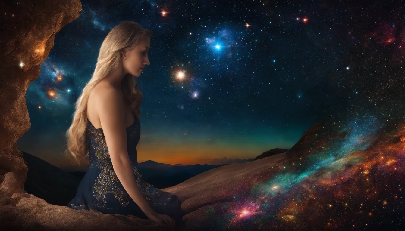 Someone connected to the universe.
Create an image of an individual deeply connected to the universe, surrounded by cosmic elements that convey a sense of cosmic unity