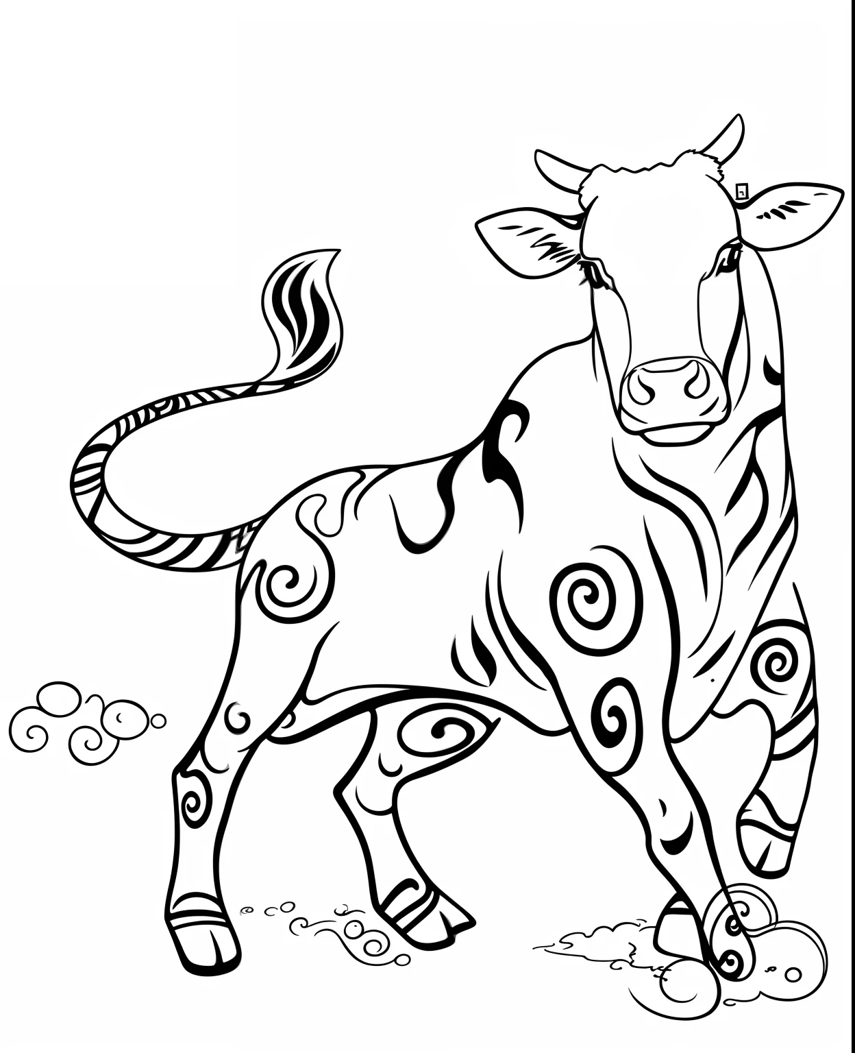 Black and white drawing of a cow with a swirl design, bold lineart, cow, stylized linework, inspired by Shūbun Tenshō, spontaneous linework, a cow, negao, ink outline, Taurus, Ink outline, taurus zodiac sign symbol, Expressive lines, thick black lineart, taur