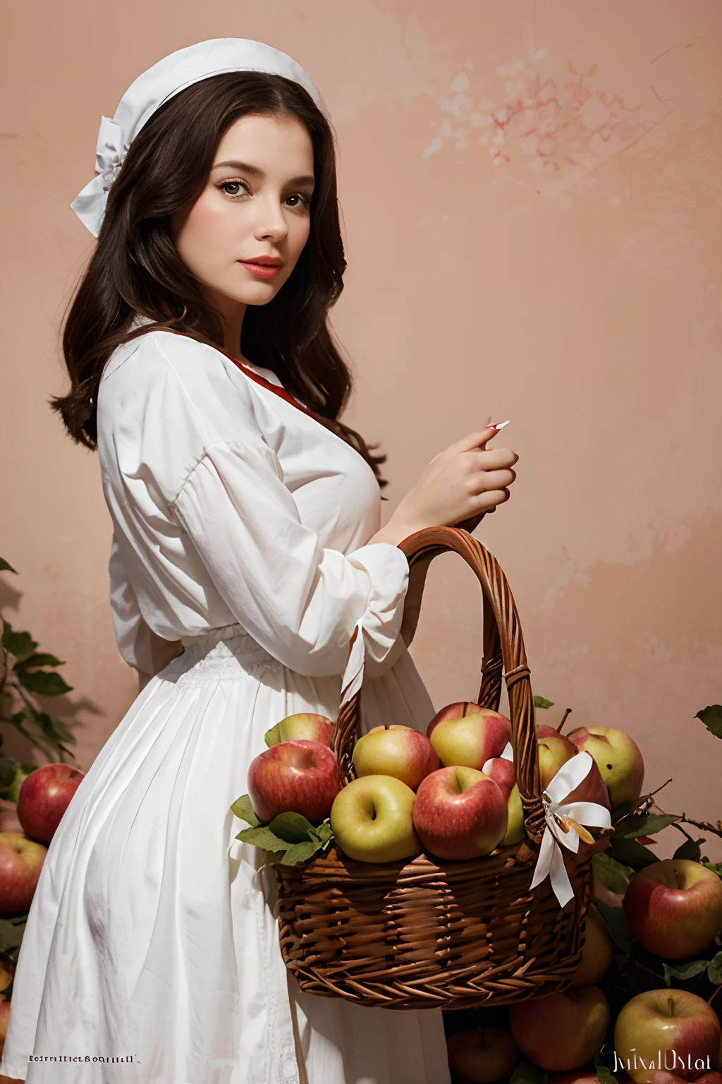 Art inspired not in the style of Arthur Adams, Branca de Neve, linda e delicada, Find a basket full of red and juicy apples