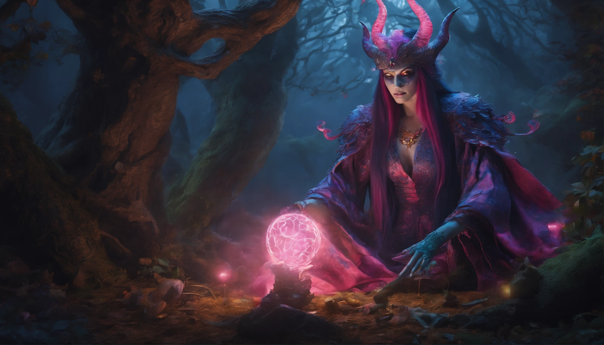(a blue-haired demon woman,spells:1.1,glowing:1.1)(illustration)(best quality,ultra-detailed,realistic:1.37),demonic witch(demonic:1.1)(magic:1.1)(forest)(dark and mysterious,ominous atmosphere),casting powerful spells,creating magical energy(magic:1.1),vibrant pink hair(swirling pink hair)(flowing pink hair),horns(devil horns:1.1),piercing red eyes,enchanted scepter(magical scepter),elaborate dark robe,glowing magical sigils,fiery embers swirling(magical embers:1.1)(glowing embers),magical aura(glowing aura),eerie shadows,otherworldly presence(presence),sinister smile,nightfall in the background(dark night:1.1)(moonlit forest),lush and dense foliage(twisted trees)(mystical plants:1.1),mystical particles(swirling particles)(floating particles),ethereal glow(ethereal:1.1)(soft glow),faint moonlight breaking through the trees,haunting and captivating(scary atmosphere),bewitching beauty,wide range of colors(vivid colors)(contrasting colors),mystical realm,impressive details,dynamic composition,mesmerizing artwork,photorealistic style(picasso style),impressive shading and lighting,explosive energy,magical atmosphere(fantasy atmosphere),dreamlike scene