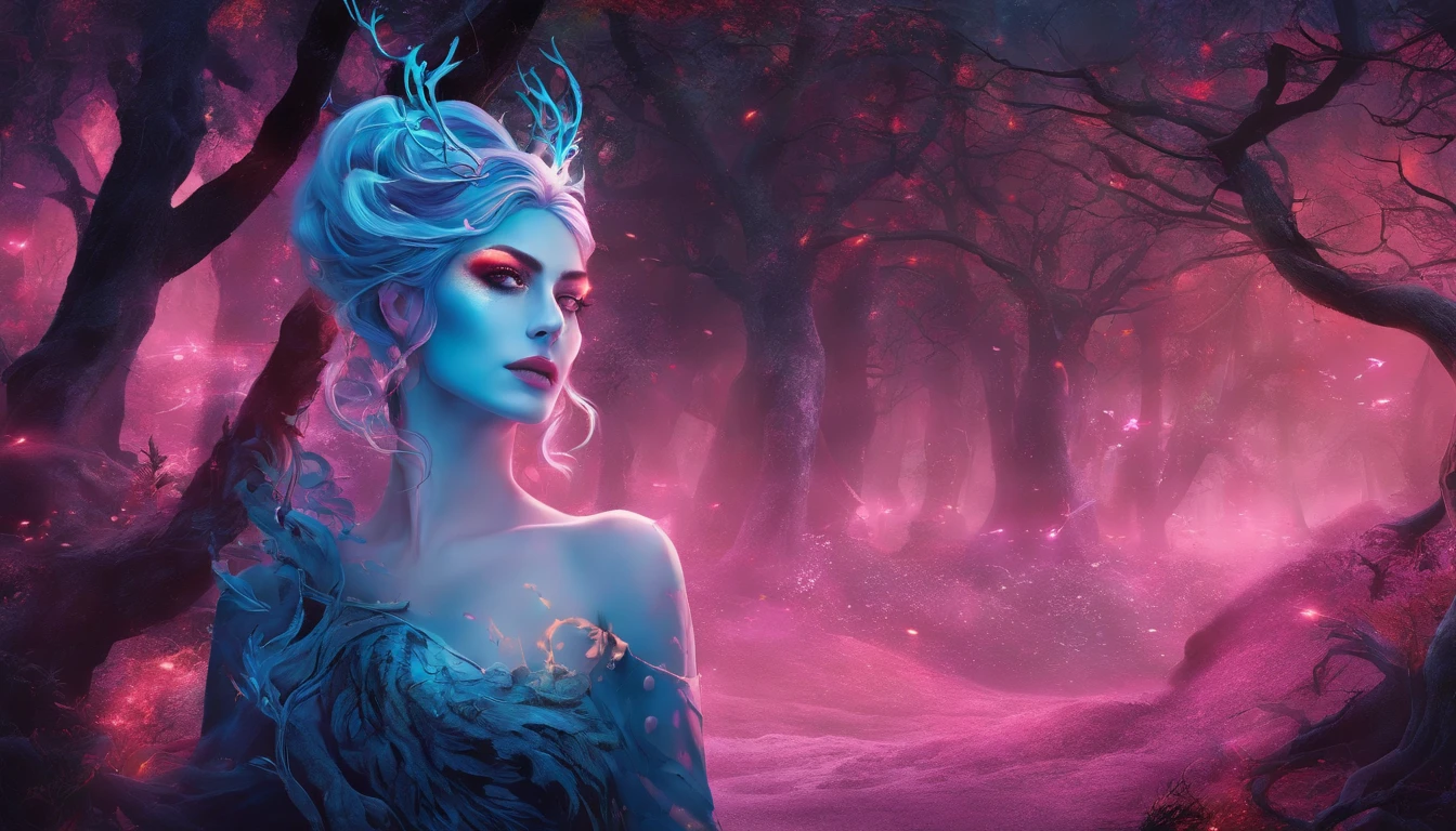 (a blue-haired demon woman,spells:1.1,glowing:1.1)(illustration)(best quality,ultra-detailed,realistic:1.37),demonic witch(demonic:1.1)(magic:1.1)(forest)(dark and mysterious,ominous atmosphere),casting powerful spells,creating magical energy(magic:1.1),vibrant pink hair(swirling pink hair)(flowing pink hair),horns(devil horns:1.1),piercing red eyes,enchanted scepter(magical scepter),elaborate dark robe,glowing magical sigils,fiery embers swirling(magical embers:1.1)(glowing embers),magical aura(glowing aura),eerie shadows,otherworldly presence(presence),sinister smile,nightfall in the background(dark night:1.1)(moonlit forest),lush and dense foliage(twisted trees)(mystical plants:1.1),mystical particles(swirling particles)(floating particles),ethereal glow(ethereal:1.1)(soft glow),faint moonlight breaking through the trees,haunting and captivating(scary atmosphere),bewitching beauty,wide range of colors(vivid colors)(contrasting colors),mystical realm,impressive details,dynamic composition,mesmerizing artwork,photorealistic style(picasso style),impressive shading and lighting,explosive energy,magical atmosphere(fantasy atmosphere),dreamlike scene