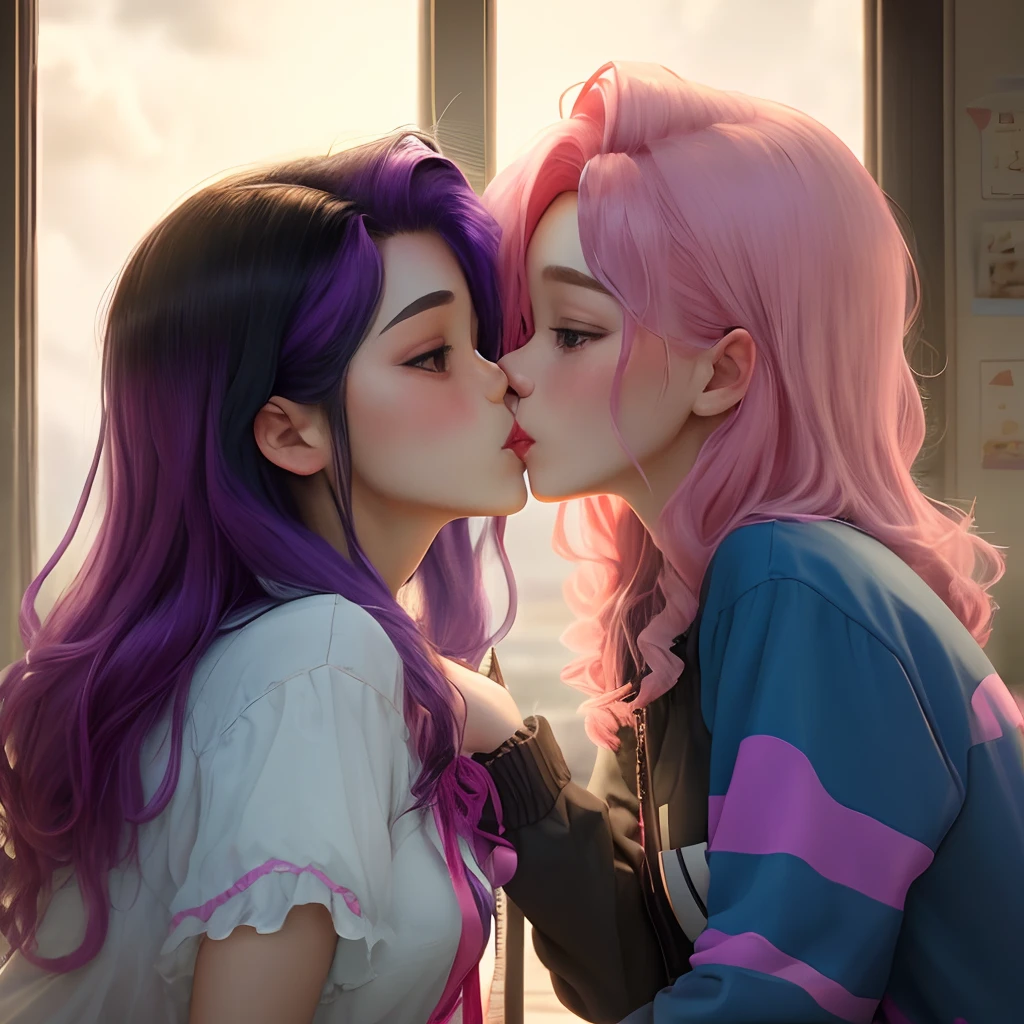 The pink haired girl kissed her friend with dark blue and dark purple hair