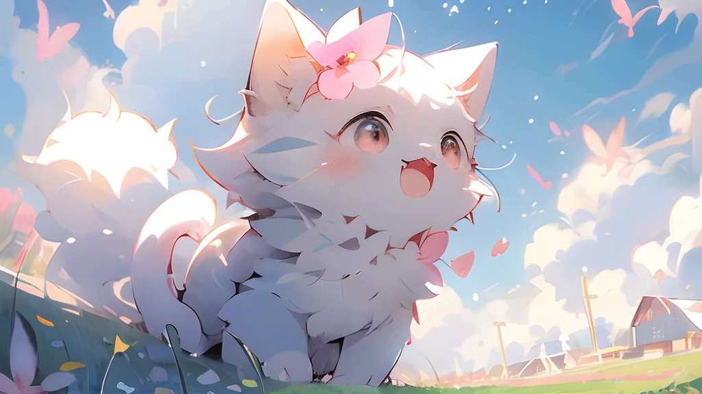 anime cat, anime visual of a cute cat, realistic anime cat, cute detailed digital art, Anime Art Wallpapers 4 k,Very beautiful furry art, Cute Anime Cats, white cat、Pink eyes、Pink eyes、butterflys々、butterflys々is flying、blue-sky、Sunnyday、Running、a smile、kirakira、rainbows、Rainbow、grass field、flower field、Pretty flowers、With background