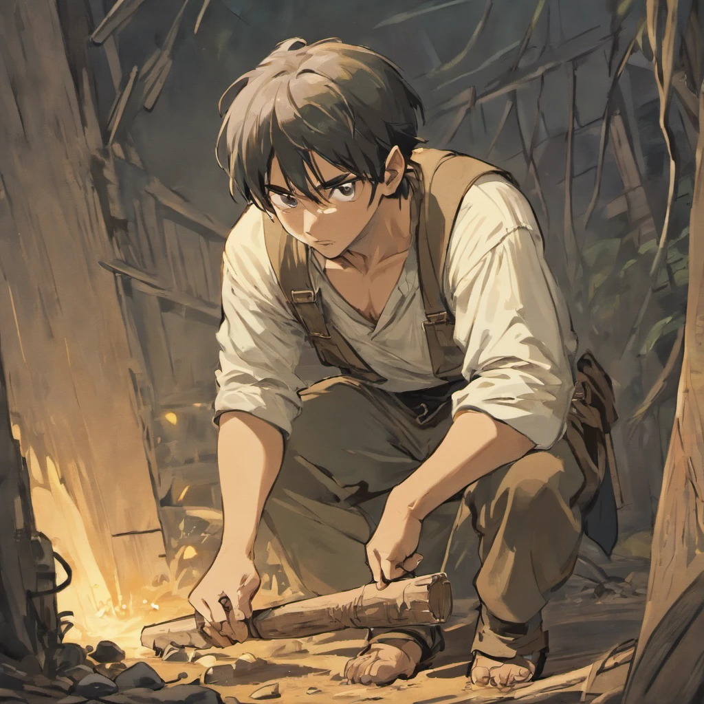 A black and white commercial illustration of a man dressed as a peasant, parecendo cansado, Holding a digger in his right hand. He is digging an artesian well in search of water, localizado perto de sua aldeia. The village is depicted in a rustic way, com terra seca ao redor. The image should have a comedic style, with fine strokes and a touch of manga. O trabalhador do campo deve ser retratado em detalhes, with his facial expression demonstrating fatigue and determination in his task. A imagem deve ser em preto e branco, with a pencil and ink caricature drawing style. Be sure to capture the peasant's effort as he digs, symbolizing resilience in the face of the challenges of village life.", HD, 16k