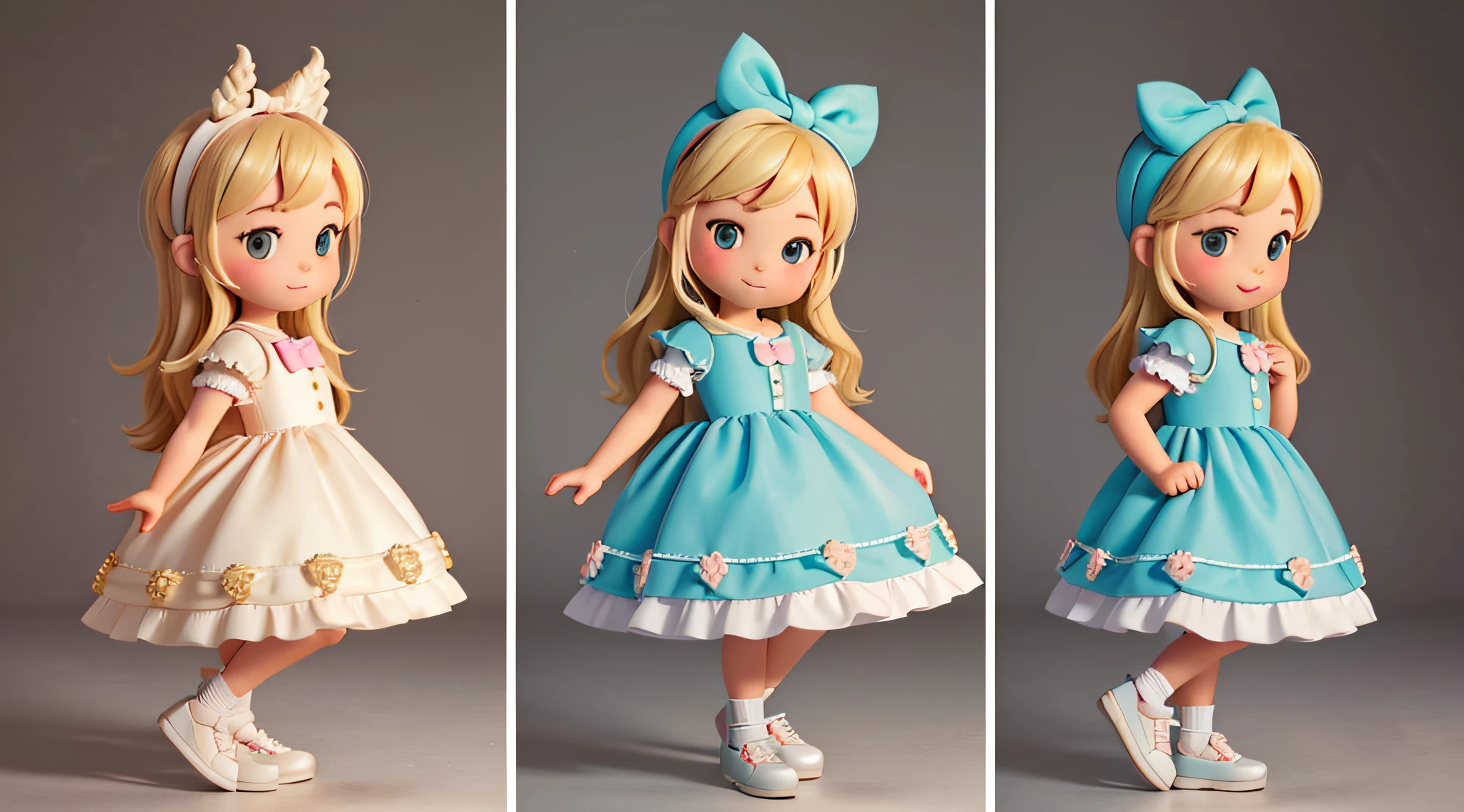 Create 6 profile pictures of (((Kamara))) SAME details SAME dress SAME headband BUT different expressions. , (((Kamara))) standing and facing front. (((Kamara))) is a 4-year-old, cute, naughty, same long blonde hair, brown eyes, rosy cheeks, pastel blue vintage dress, a pastel blue bow headband, white shoes. white background. SAME character, SAME dress , SAME HAIR, SAME headband, SAME SHOES, SAME face. different poses. Best Quality. Show (full entire body, Including legs)