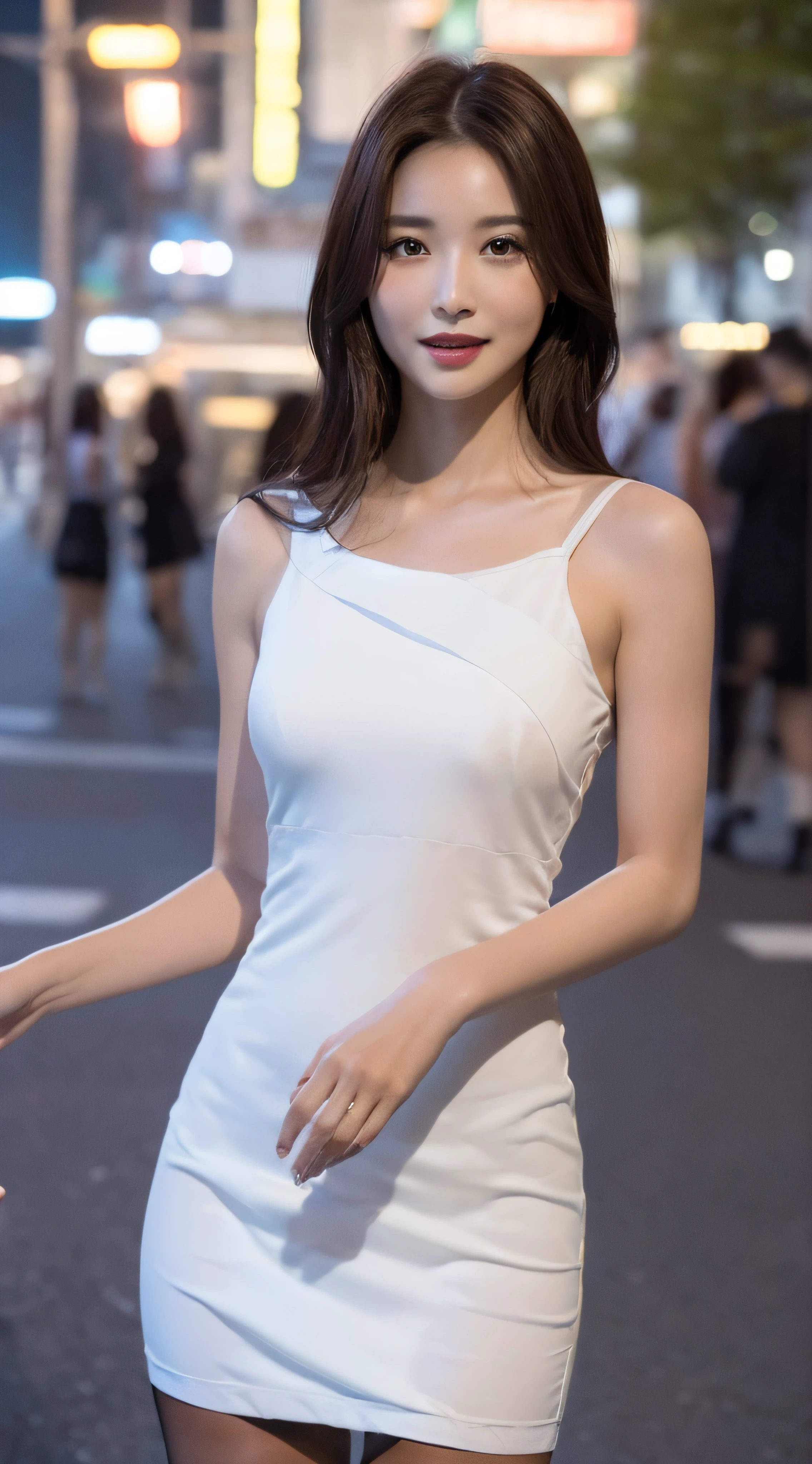 ((Realistic lighting、top-quality、8K、masterpiece:1.3))、Clear Focus:1.2、135mm lens、portlate、1girl in、Perfect Body Beauty:1.4、Slim abs:1.1、((dark brown hair))、(robe blanche:1.4)、(outside of house、natta:1.1)、City Street、Superfine Face、Fine Eyes、二重まぶた、(Black stockings above the knee:1.5)、a smile