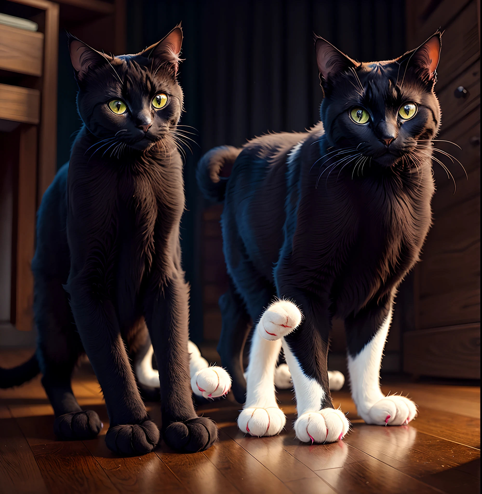 a fluffy black cat, with white toes and a white chin