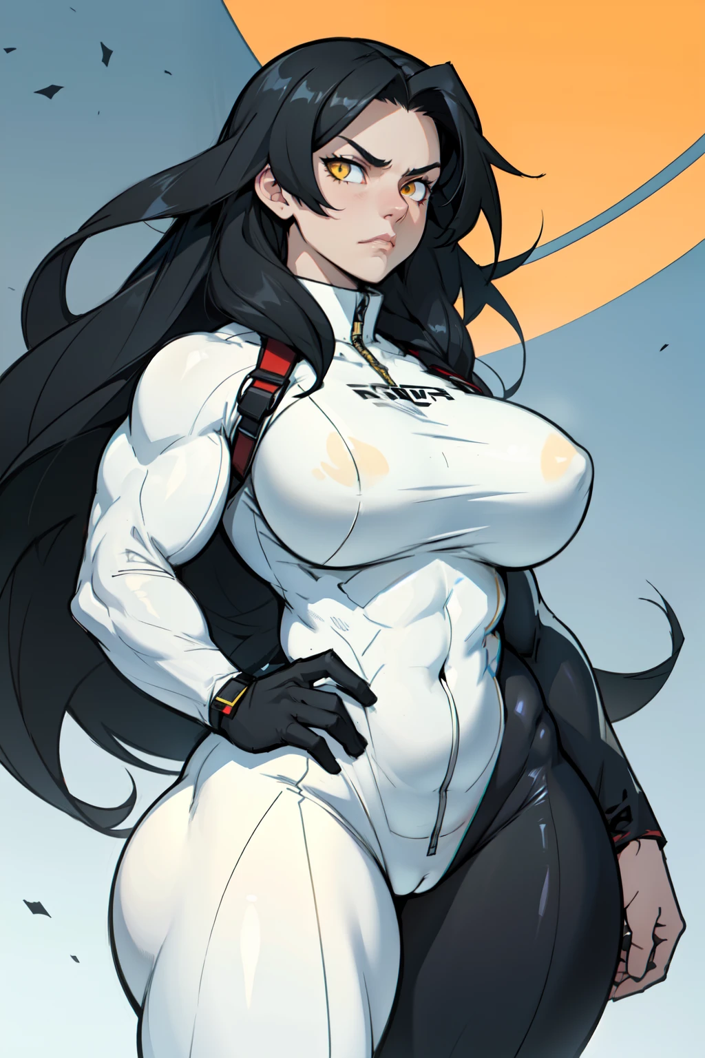very long hair black hair yellow eyes pale skin angry (bodysuit) ((((1 girl muscular)))) ((huge breasts wide hips thick thighs toned body))