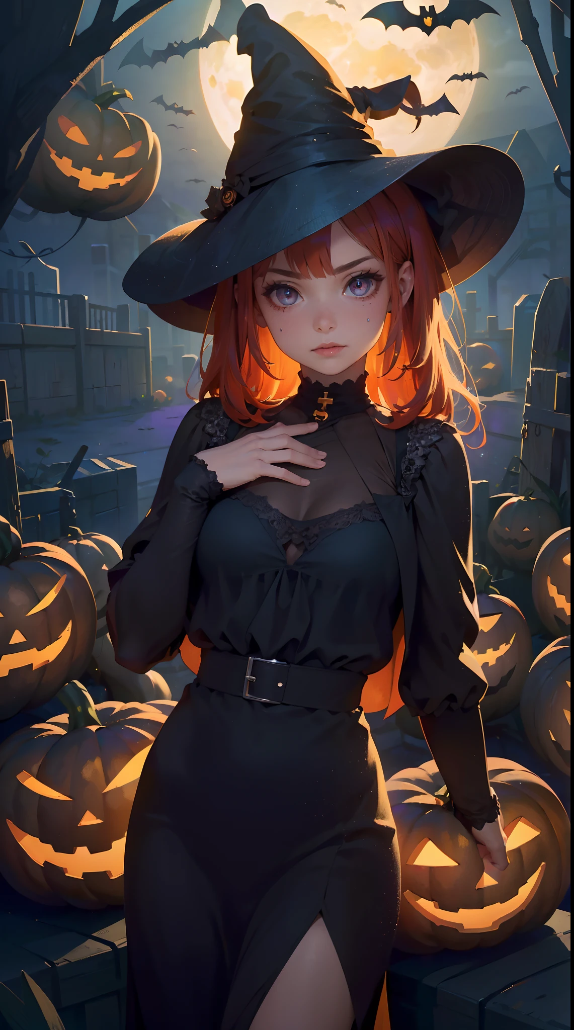 La mejor calidad, Obra maestra, fondo de pantalla CG 8k extremadamente detallado,(hermoso y delicado: 1.2),Arte oficial,1 girl, Misterioso, splendid, (Disfraz de Halloween:1.4), En pie, Directo, Castillo antiguo, Rojo oscuro, Linterna de calabaza, Patrones aterradores, symbols,Tema de Halloween,More detailed 8K.motor irreal:1.4,UHD,La mejor calidad:1.4, fotorrealista:1.4, textura de la piel:1.4, obra maestra:1.8,obra-prima, mejor calidad,objeto Objeto], (detailed face features:1.3),(manos detailed:1.4)