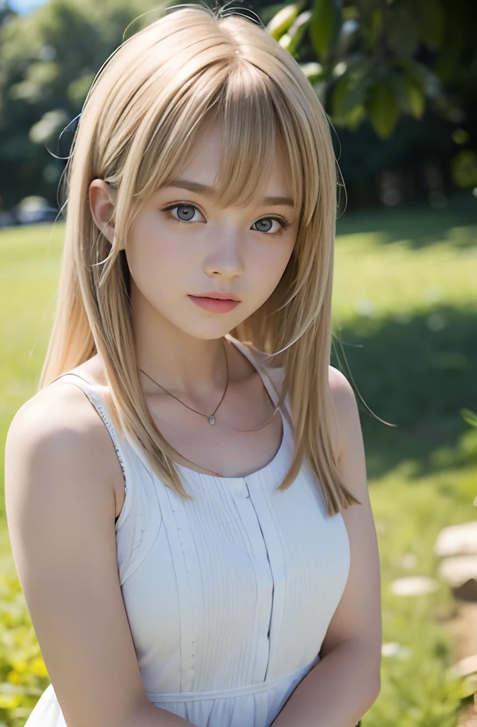 A girl,16 year old,blonde,bangs bangs,pretty face,muscular arms,european countryside,black sleeveless dress
