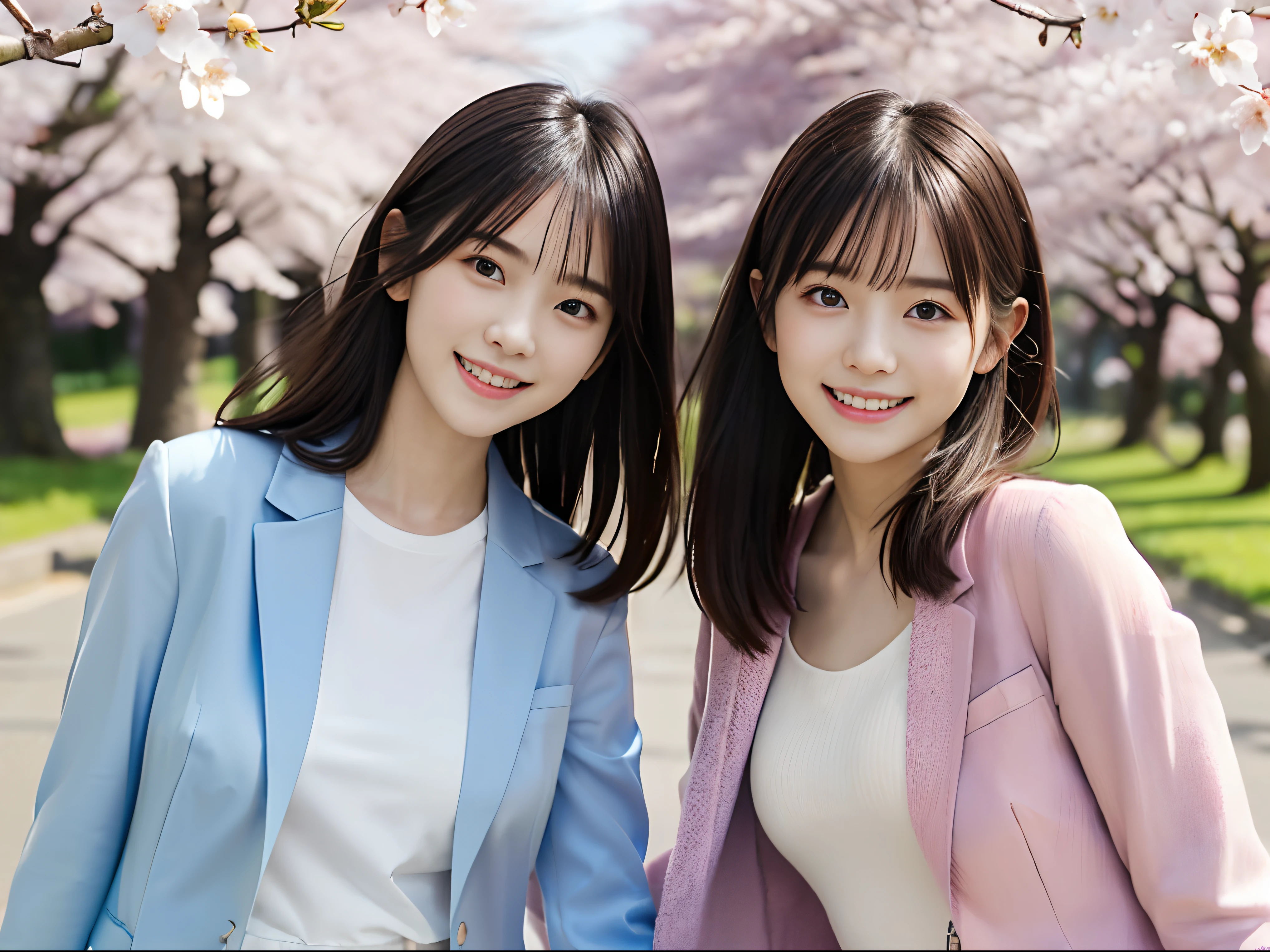 (Pastel jacket and shirt with thin small breasts and short hair、Close up of two girls with dull bangs:1.5)、(Two girls dancing with smiles、Let your hair flutter in the wind :1.5)、(Rows of cherry blossom trees in full bloom at dusk and cherry blossom petals dancing in the wind:1.5)、(Perfect Anatomy:1.3)、(No mask:1.3)、(complete fingers:1.3)、Photorealistic、Photography、masutepiece、top-quality、High resolution, delicate and pretty、face perfect、Beautiful detailed eyes、Fair skin、Real Human Skin、((thin legs))、(Dark hair)