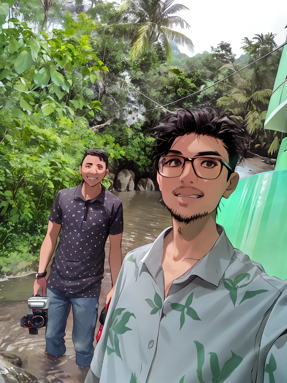 there are two men standing in the water with a camera, 8k selfie photograph, taken with sony alpha 9, shot on nikon z9, very very low quality picture, jungles in the background, taken with the best dlsr camera, taken on go pro hero8, in jungle, in a river in the jungle, river in the background, in a street