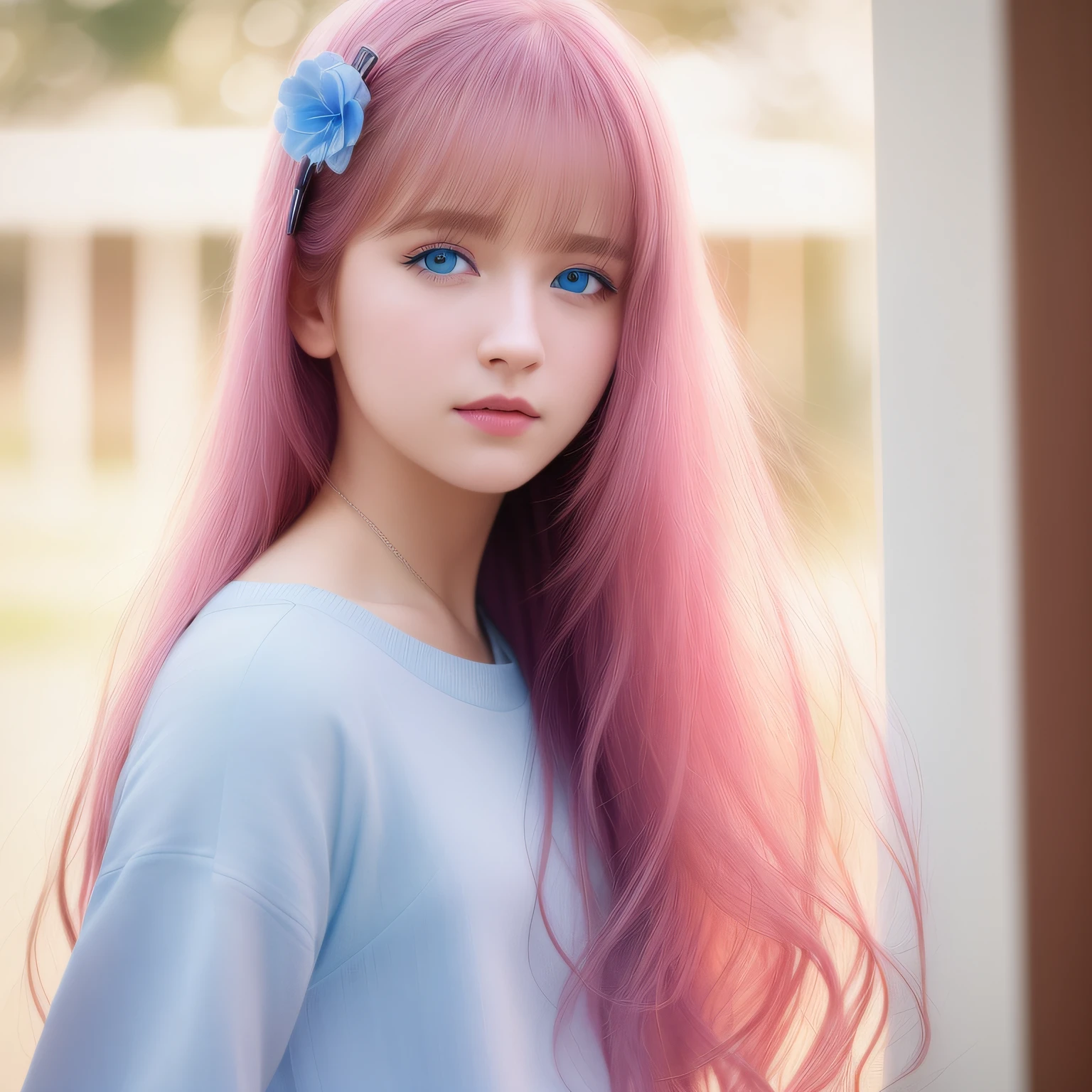 (8K, RAW Photo, Best Quality, Masterpiece: 1.2), (Realistic, Photorealistic: 1.37), Best Quality, Ultra High Resolution, Photon Mapping, Radiosity, Physically Based Rendering, Blur, Foreground, Depth of Field, Blurred Background, Photo_\ (Medium), Motion Blur, (pink__ (Hair), One Girl, Long Hair, Hair Ornament, Lips, Hair Clip, Solo, Blue Eyes, Nose