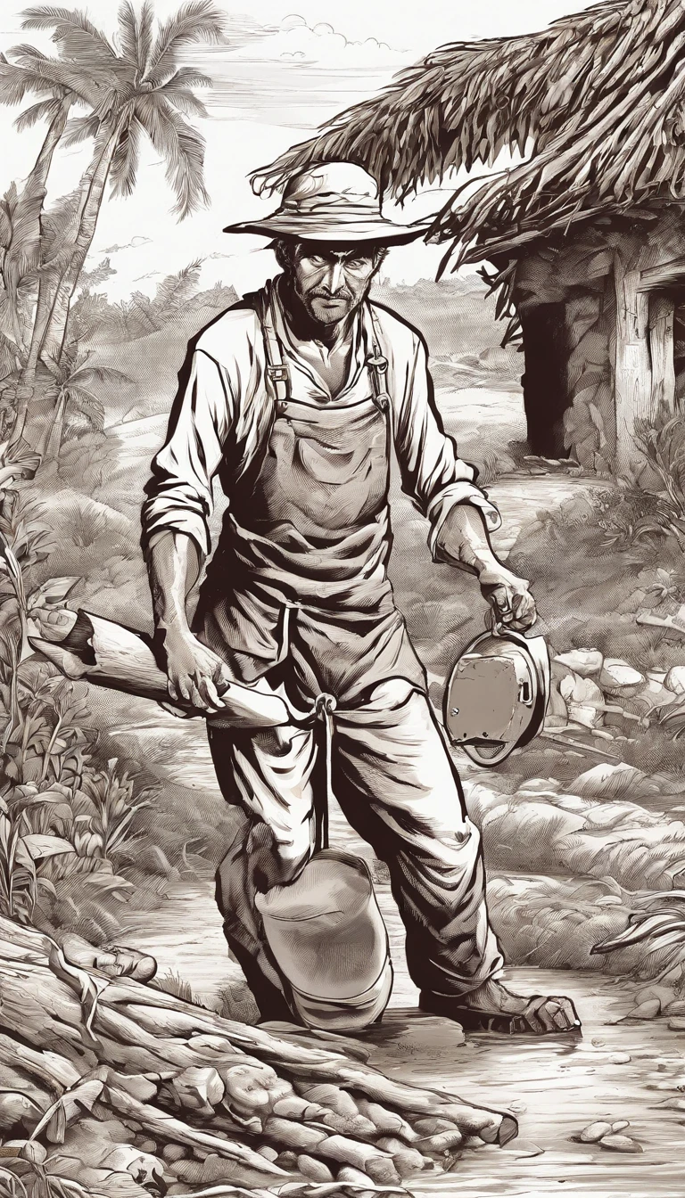 A black and white commercial illustration of a man dressed as a peasant, parecendo cansado, Holding a digger in his right hand. He is digging an artesian well in search of water, localizado perto de sua aldeia. The village is depicted in a rustic way, com terra seca ao redor. The image should have a comedic style, with fine strokes and a touch of manga. O trabalhador do campo deve ser retratado em detalhes, with his facial expression demonstrating fatigue and determination in his task. A imagem deve ser em preto e branco, with a pencil and ink caricature drawing style. Be sure to capture the peasant's effort as he digs, symbolizing resilience in the face of the challenges of village life.", HD, 16k