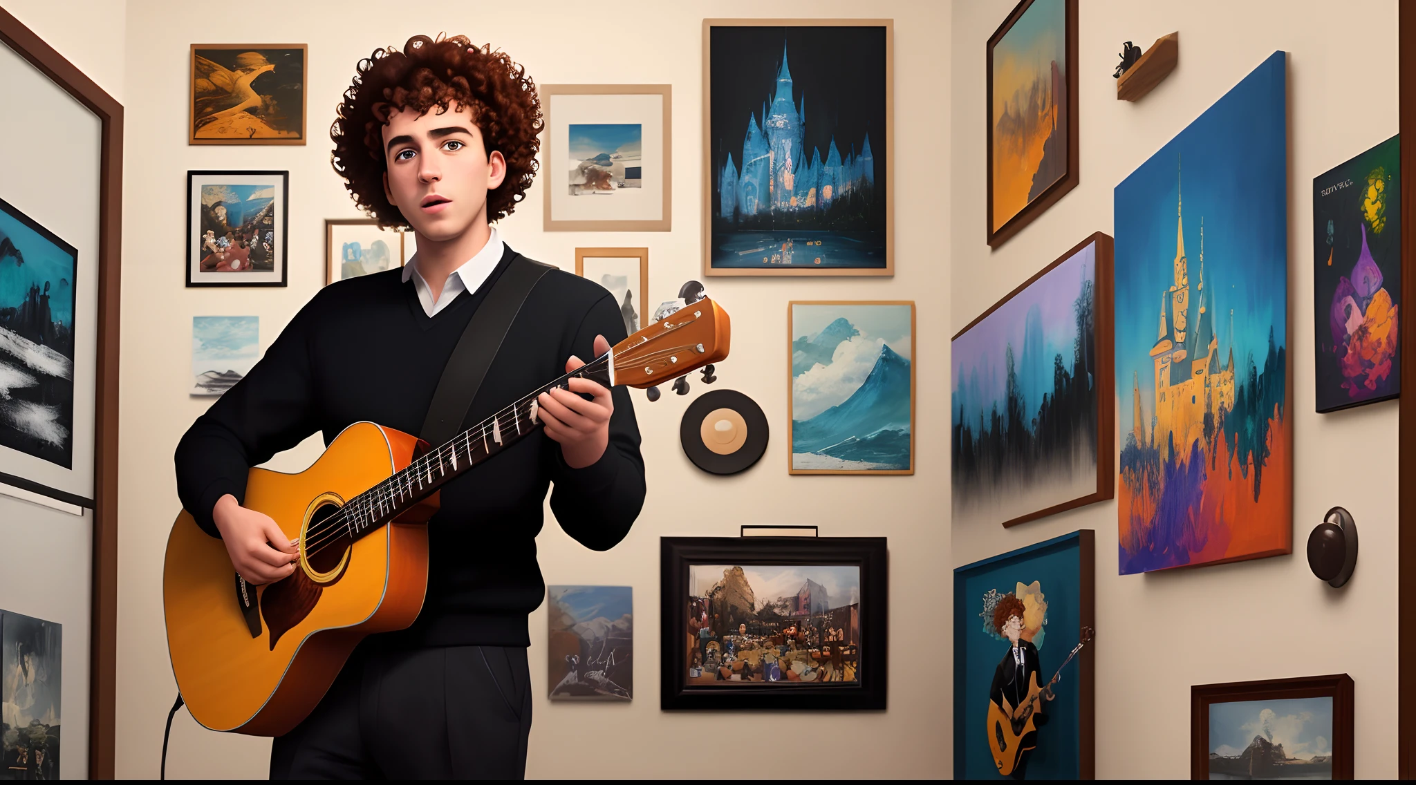 create a poster in the style of Disney Pixar, featuring a male teacher with curly hair, dressed in Black, surrounded by artworks, paint, brushes, cameras and musical instruments.