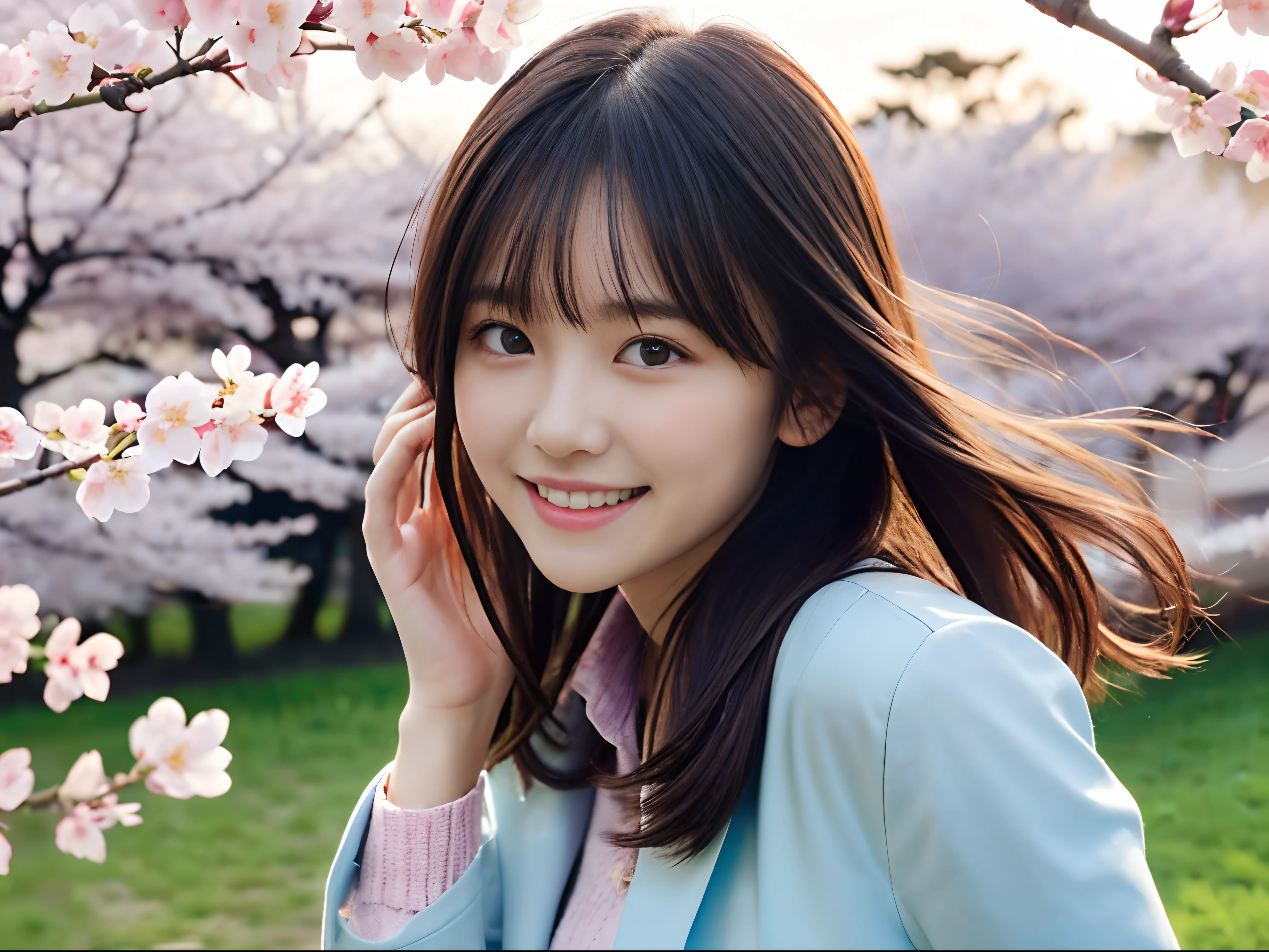 (Close up portrait of two girls with slender small breasts and long hair with dull bangs in pastel color jacket and shirt:1.5)、(Two girls dancing with smiles、Let your hair flutter in the wind :1.5)、(Rows of cherry blossom trees in full bloom at sunset time and cherry blossom petals dancing in the wind:1.5)、(Perfect Anatomy:1.3)、(No mask:1.3)、(complete fingers:1.3)、Photorealistic、Photography、masutepiece、top-quality、High resolution, delicate and pretty、face perfect、Beautiful detailed eyes、Fair skin、Real Human Skin、((thin legs))、(Dark hair)