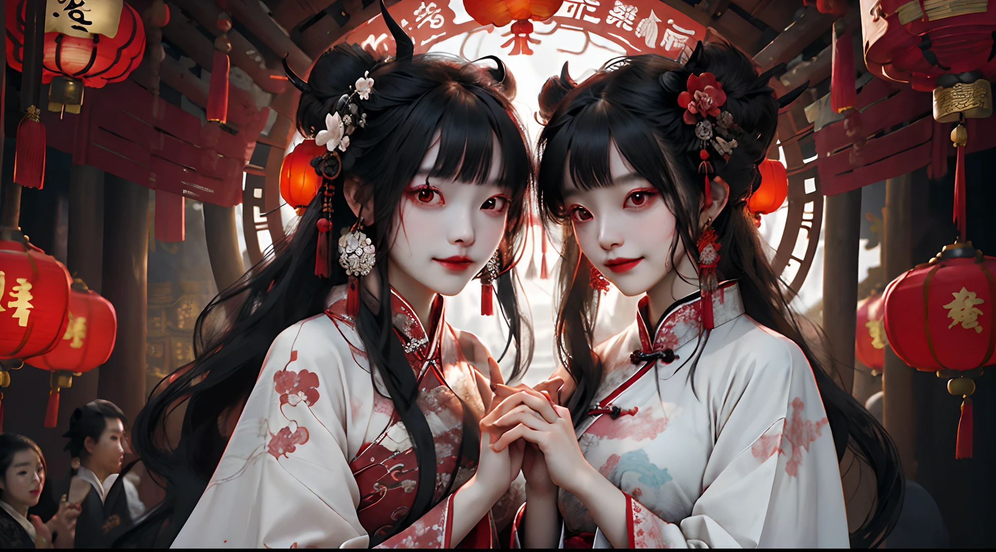 a pregirl，Best quality,Chinese style buildings，Exquisite facial features，Chinese horror，onimous，Chinese horror，Lanterns，skelleton，Ghosts，Black hair, period costume, Hanfu，1girll, hair adornments, Horns, Sitting, flower, period costume，Red eyes, hair flower, Earrings, long whitr hair, haori, jewelry, Own hands together, nipple tassels, Wide sleeves, Red eyes, Closed mouth, Long sleeves, Hanfu， Black period costume，bangs, Smile