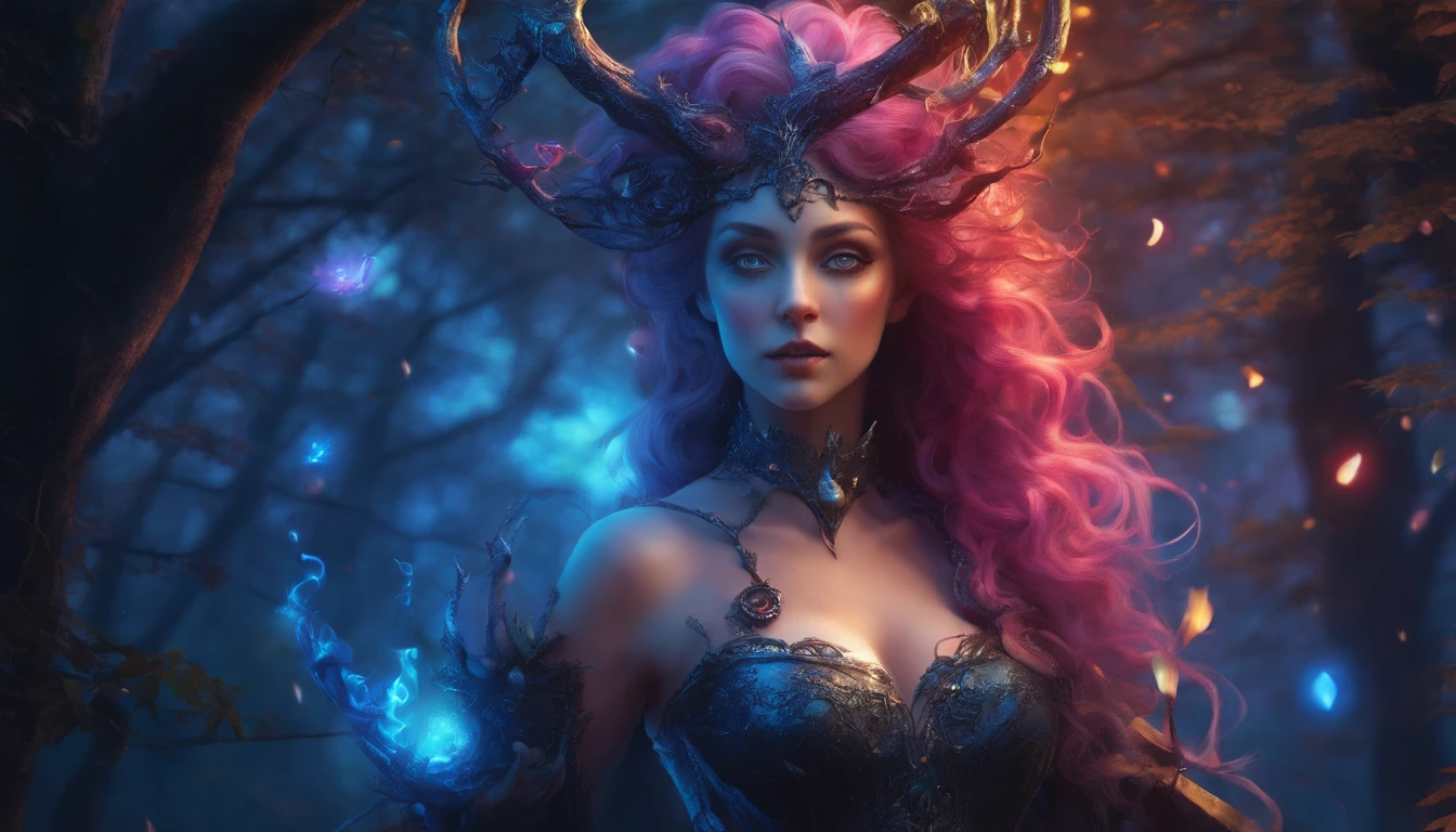 (a blue-haired demon woman,spells:1.1,glowing:1.1)(illustration)(best quality,ultra-detailed,realistic:1.37),demonic witch(demonic:1.1)(magic:1.1)(forest)(dark and mysterious,ominous atmosphere),casting powerful spells,creating magical energy(magic:1.1),vibrant pink hair(swirling pink hair)(flowing pink hair),horns(devil horns:1.1),piercing red eyes,enchanted scepter(magical scepter),elaborate dark robe,glowing magical sigils,fiery embers swirling(magical embers:1.1)(glowing embers),magical aura(glowing aura),eerie shadows,otherworldly presence(presence),sinister smile,nightfall in the background(dark night:1.1)(moonlit forest),lush and dense foliage(twisted trees)(mystical plants:1.1),mystical particles(swirling particles)(floating particles),ethereal glow(ethereal:1.1)(soft glow),faint moonlight breaking through the trees,haunting and captivating(scary atmosphere),bewitching beauty,wide range of colors(vivid colors)(contrasting colors),mystical realm,impressive details,dynamic composition,mesmerizing artwork,photorealistic style(picasso style),impressive shading and lighting,explosive energy,magical atmosphere(fantasy atmosphere),dreamlike scene