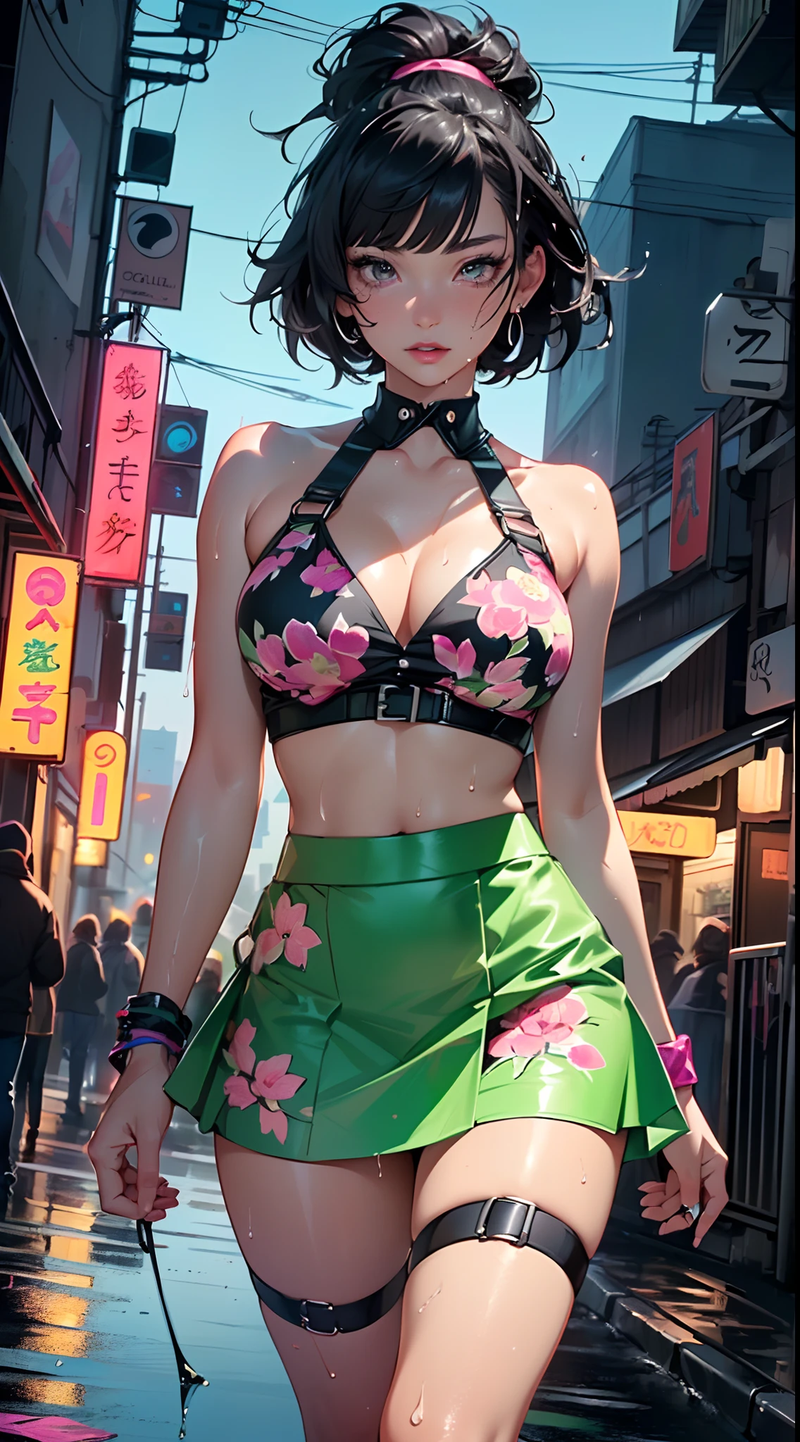 girl dancing,(((1girl))),((girl with extremely cute and beautiful black hair)),
(large breasts:1.4),(((black hair:1.35,hair over one eye, blunt bangs, long sideburns, messy hair, bob cut))),(((eyes_green:1.3))),intricate eyes,beautiful detailed eyes,symmetrical eyes,((fat)),((((lustrous skin:1.5,bright skin: 1.5,shiny skin,very shiny skin,shiny body,plastic glitter skin,exaggerated shiny skin,shiny skin like ebony,illuminated skin,wet legs))),(spider lower abdomen,narrow waist,wide hip,athletic body,inflated legs,detailed body,(detailed face), toned abs),
cute,slutty,seductive,erotic,(nsfw),
zettai ryouiki,revealing clothing,show skin,((rave bikini with an green print,((neon pink color rave mini-skirt)),visible thong straps)),(wearing a rave dancing outfit:1.3,rave dancing clothes,semi-naked,with little clothing),((wet clothes,intricate outfit,intricate clothes)),
(dynamic pose:1.0),embarrassed,(centered,scale to fit dimensions,Rule of thirds),
cyberpunk city by the ocean at night, with bright neon signs and dark stormy clouds and puddles, scenery:1.25,
artistic photography,(photography taken by sldr),highres, sharp focus, (ultra detailed, extremely detailed), (photorealistic artwork:1.37),(extremely detailed CG unity 8k wallpaper),((synthwave background theme)),(((vibrant colors))),(intricate background),(masterpiece),(best quality),