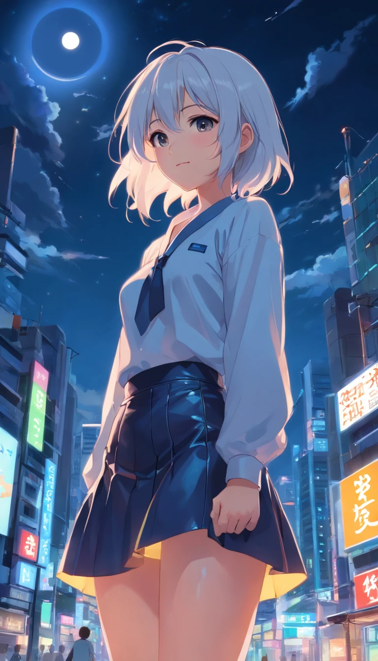 best qualtiy, tmasterpiece, 超高分辨率, realisticlying, 1 girl,(long white hair),Heterochromic pupils,(ssmile)(Leather skirt set),Neon Square,wide angles infront of moon
