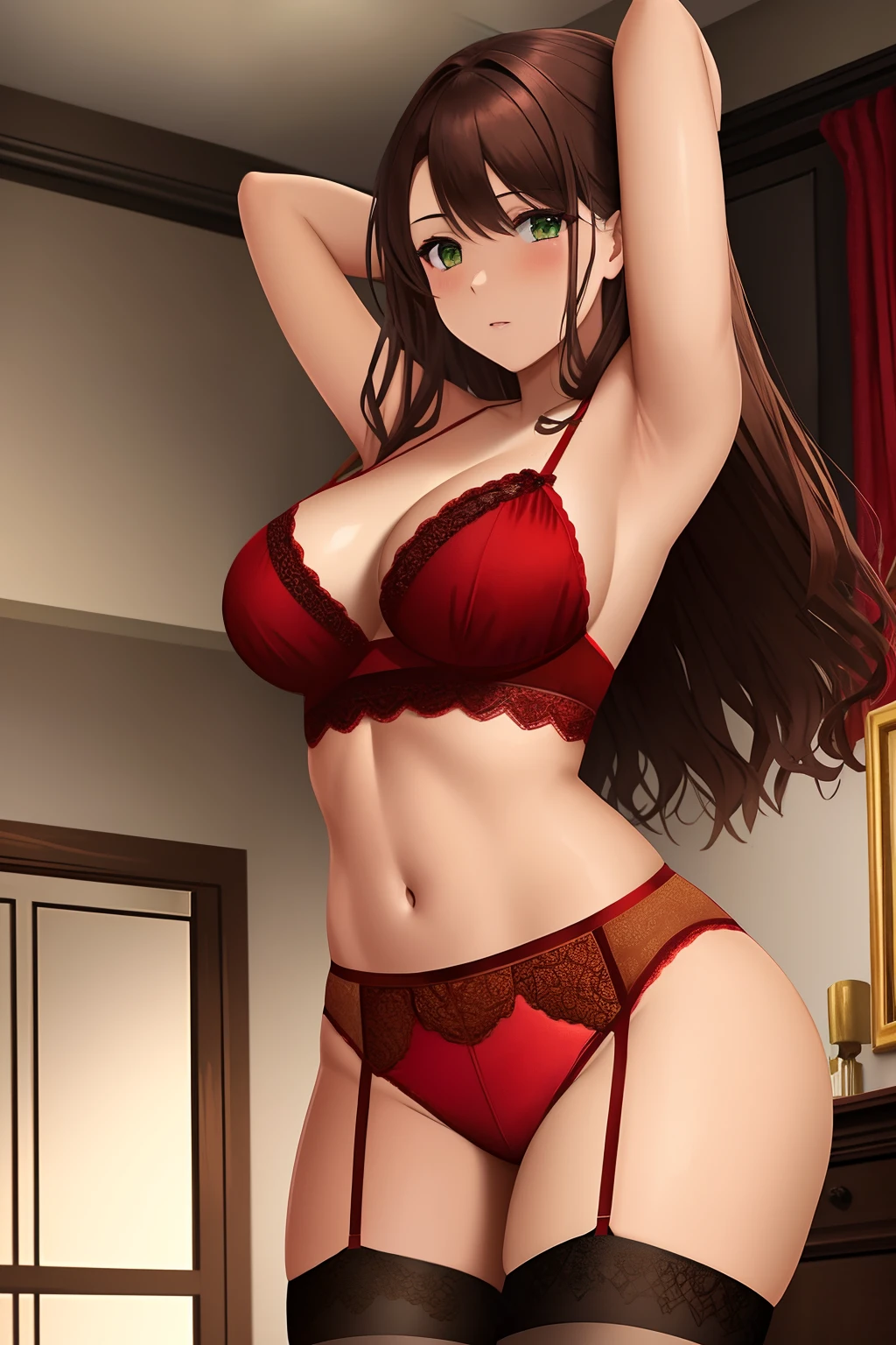 young woman in a bedroom, wearing dark red lace lingerie, red stockings and garter belt, tan skin, strong and lean body, arms behind her head, long dark brown hair, green eyes