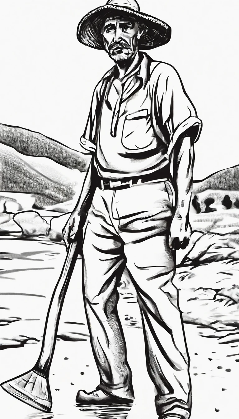 A black and white commercial illustration of a man dressed as a peasant, parecendo cansado, Holding a digger in his right hand. He is digging an artesian well in search of water, localizado perto de sua aldeia. The village is depicted in a rustic way, com terra seca ao redor. The image should have a comedic style, with fine strokes and a touch of manga. O trabalhador do campo deve ser retratado em detalhes, with his facial expression demonstrating fatigue and determination in his task. A imagem deve ser em preto e branco, with a pencil and ink caricature drawing style. Be sure to capture the peasant's effort as he digs, symbolizing resilience in the face of the challenges of village life.", HD, 16k