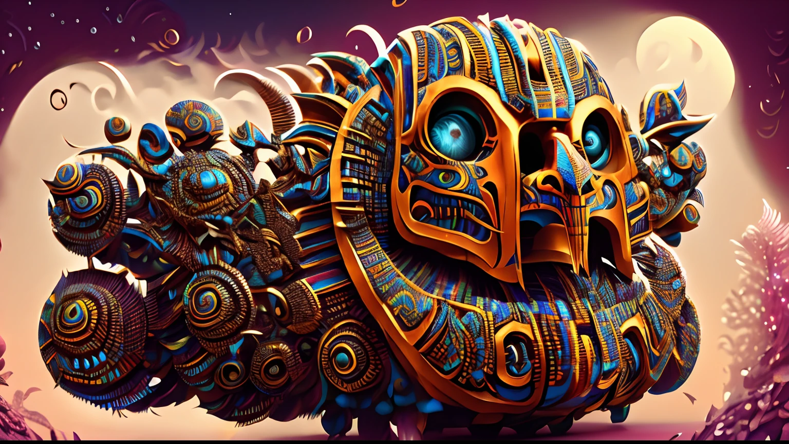brightly colored digital art of a stylized sculpture of a monster, digital painting of quetzalcoatl, 4k highly detailed digital art, 3 d toy aztec gods as funco toy, hyper detailed digital art, giant aztec spaceship, highly detailed digital art, detailed digital 3d art, quetzalcoatl, elaborate digital art, high detailed digital art