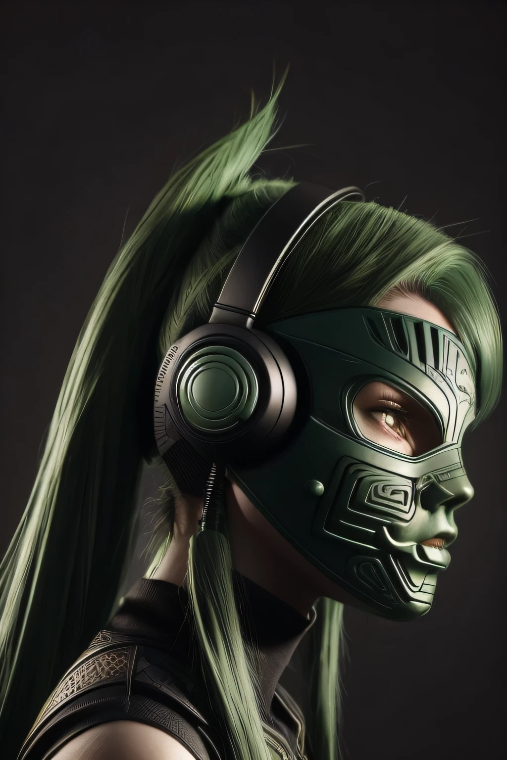 girl with long green hair, green eyes, futuristic vibes, mask on mouth, headphones, 8k, high quality, simple background, glowing eyes, nice pose