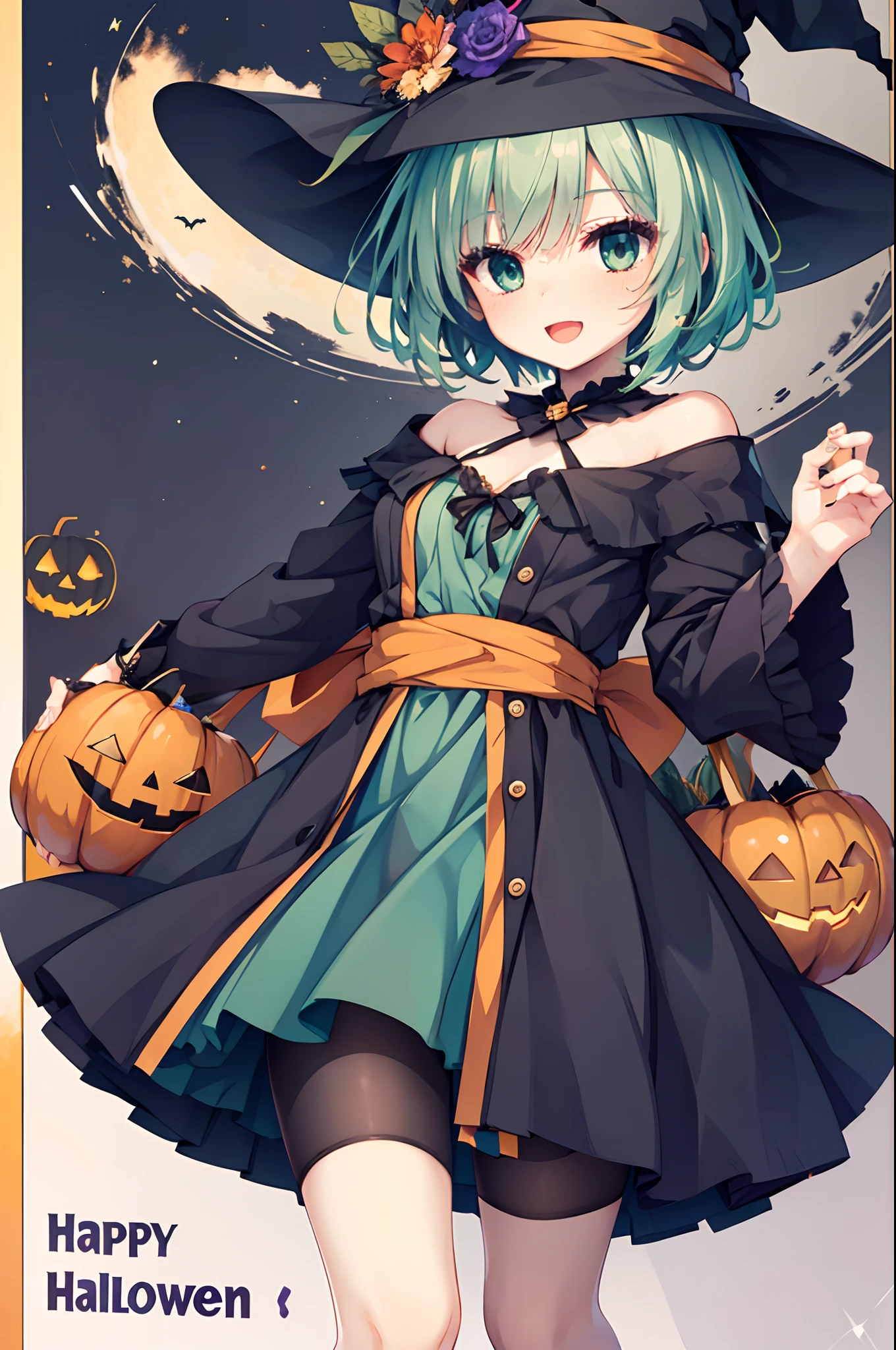 tiny girl,Colossal tits,Smile with open mouth,short green hair,Halloween Costumes,the witch,Halloween Backgrounds ,hair adornments,Heterochromia,Blue and green eyes,Top image quality,Best Quality