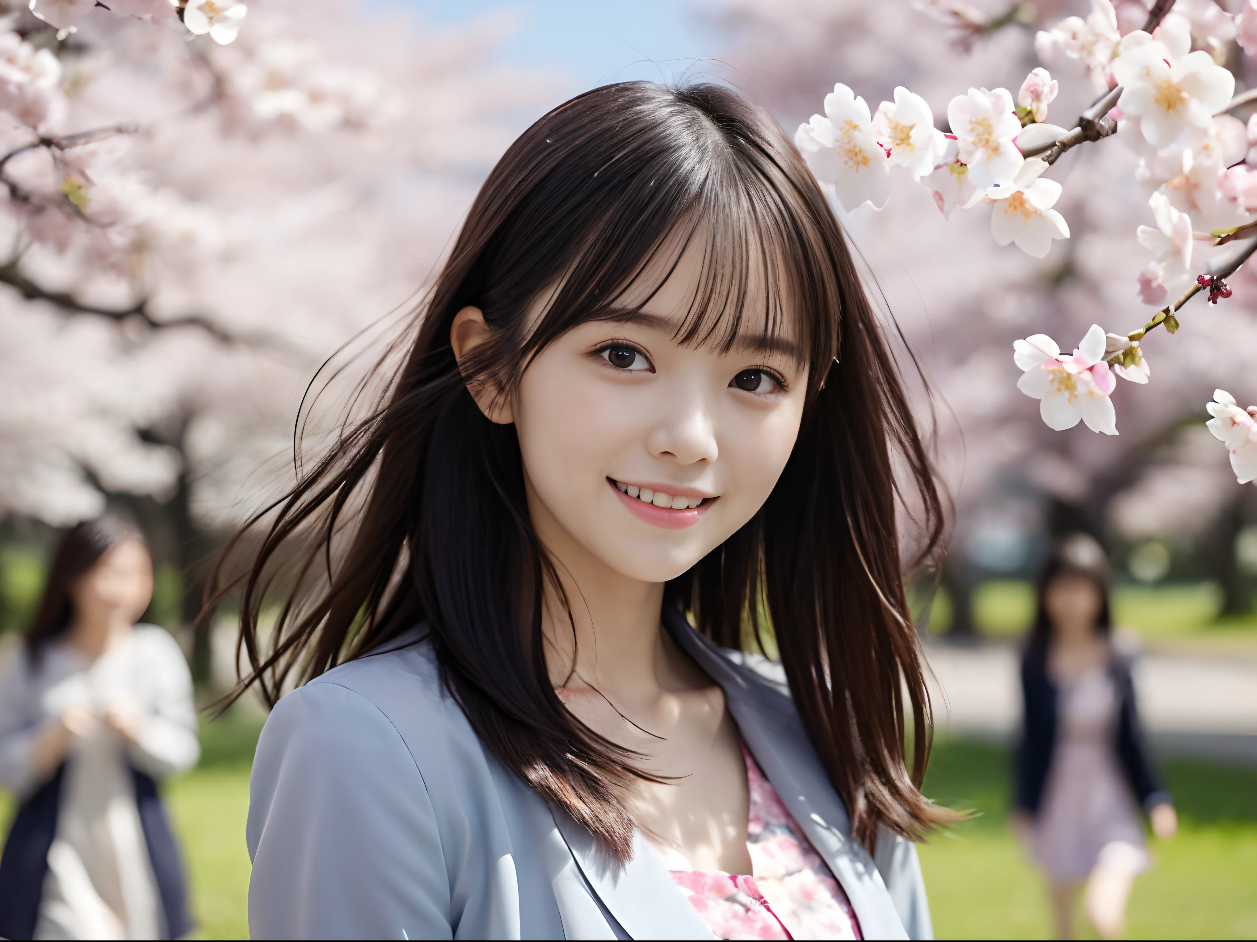 (For jackets and shirts in pastel colors、slender small breasts and long hair,、Close up of two girls with dull bangs:1.5)、(Two girls dancing with smiles、Let your hair flutter in the wind :1.5)、(Rows of cherry blossom trees in full bloom at dusk and cherry blossom petals dancing in the wind:1.5)、(Perfect Anatomy:1.3)、(No mask:1.3)、(complete fingers:1.3)、Photorealistic、Photography、masutepiece、top-quality、High resolution, delicate and pretty、face perfect、Beautiful detailed eyes、Fair skin、Real Human Skin、((thin legs))、(Dark hair)