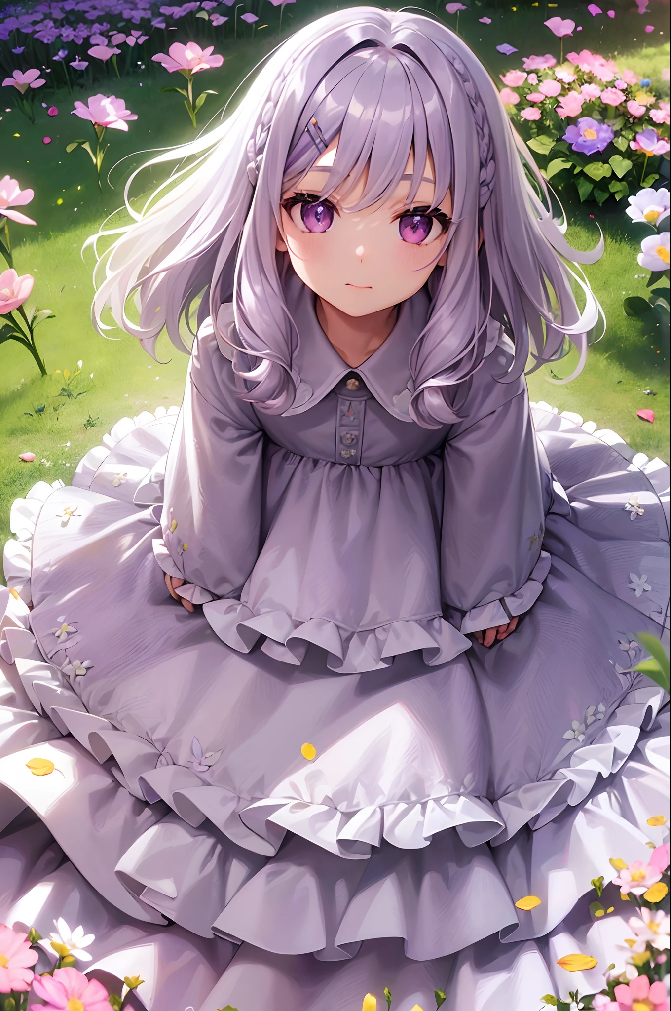 masterpiece, best quality, ultra detailed beautiful face and eyes,solo,ddler,silver hair,purple eyes,(medium hair:1.8),(parted bangs:1.3),hairclip,sundress,(delighted:1.3),(field of flowers:1.3),dutch angle