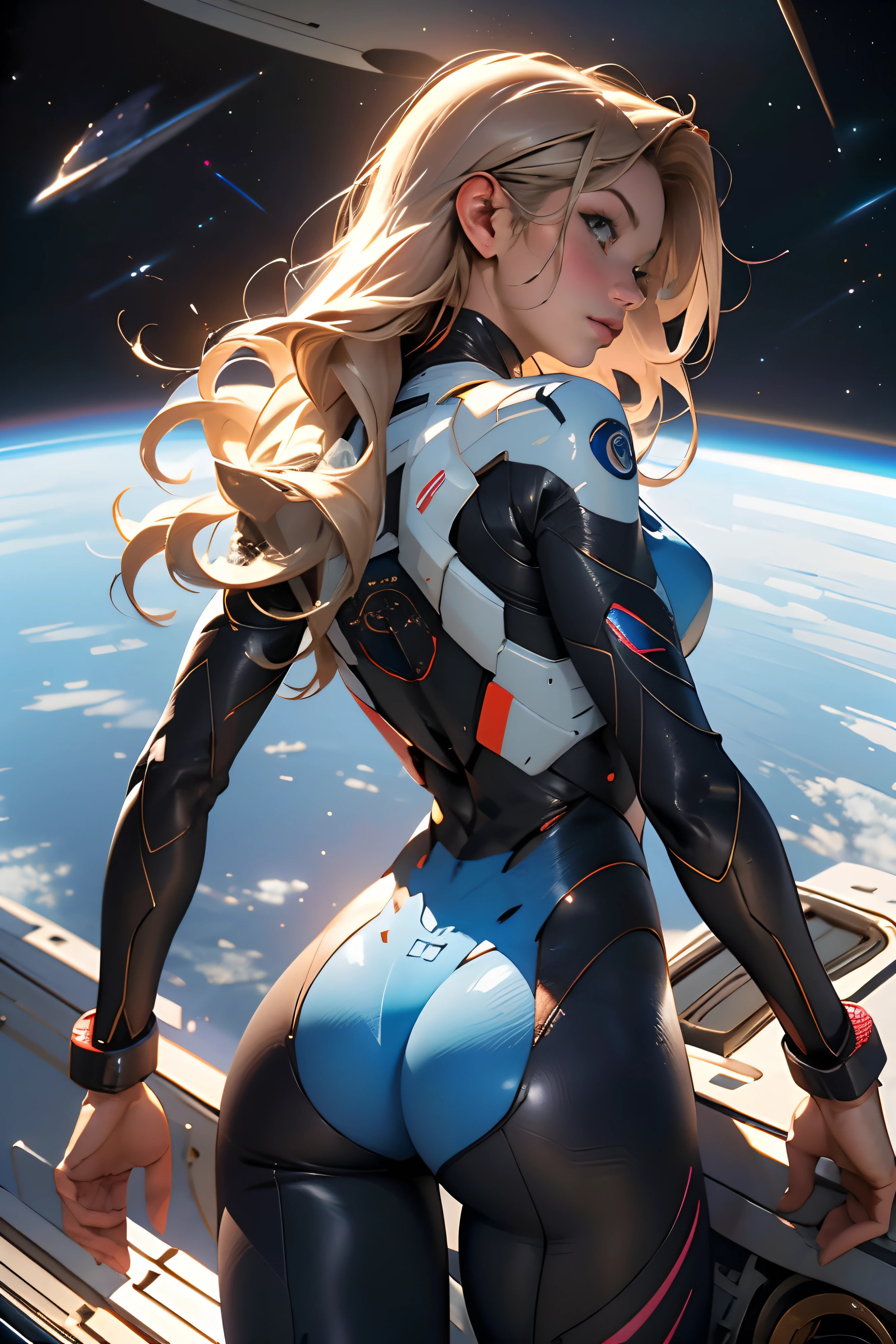 rear view, backside view, turning away, sandy hair, eyes are blue, fit body large breasts slender thighs slender waist pilot suit solo looking away from viewer, in space, long hair, blushing, determination, 8k, extreme detail,