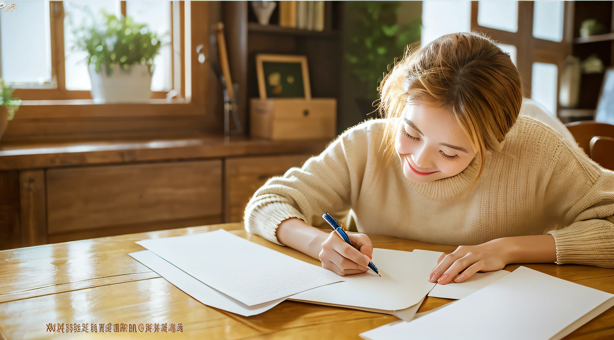 Bright atmosphere, mano, New Year's card, From the neck down, desk, I'm writing a letter, A slight smil, realisticlying, Highly detailed, No face