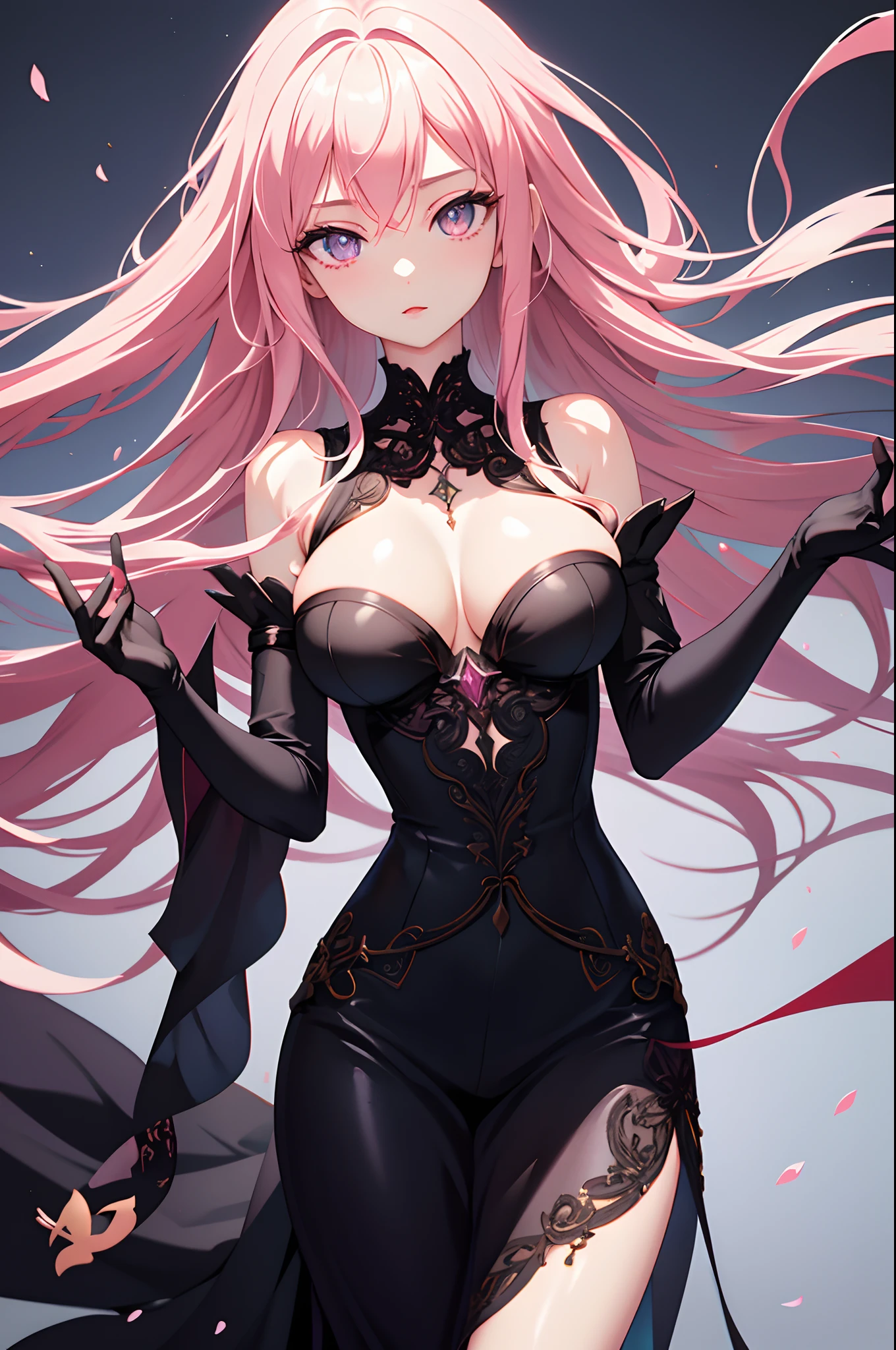 1girl, anime, cute girl, blank background, white background, fantasy, detailed dark fantasy dress with highlights, beautiful face, beautiful eyes, dark colors, long pink hair, medium breasts, slight cleavage, beautiful skin, cute, breast curtains, extremely delicate and beautiful, (beautiful detailed face:1.0), (detailed deep eyes), symmetrical breasts, deep eyes, shiny skin, portrait, slender waist, hips wider than shoulders, thighs, young girl, expressionless