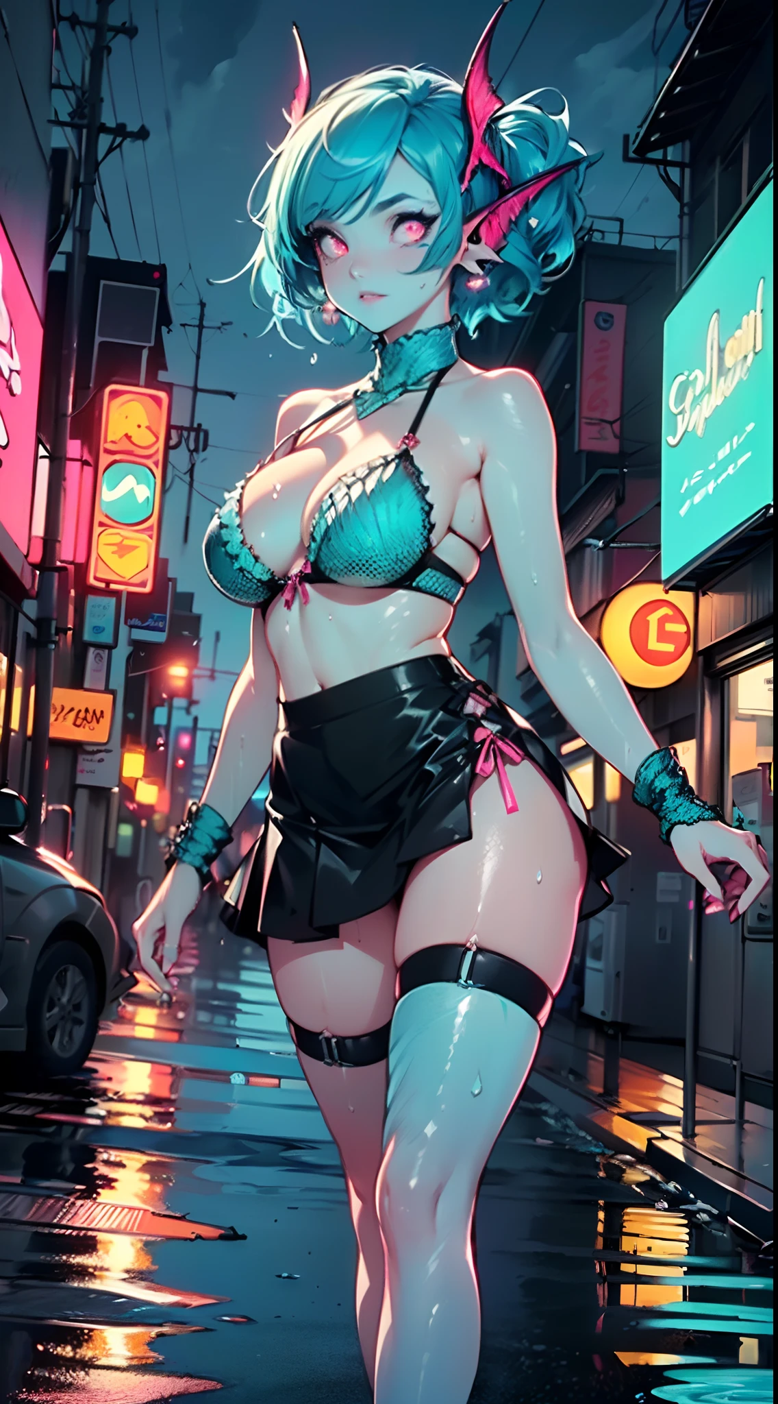 girl alien,(((1girl))),((beautiful girl alien)),

Alien Fish girl, ((blue skin:1.5)), (huge eyes:1.5), (((ear fins:1.5))), (((scaly skin:1.5))),((monster_girl)),(deep blue skin:1.5),

(turquoise hair:1.5), short hair, (((very short hair:1.5, twintails hairstyle))),

(glowing eyes, turquoise_eyes:1.0), (((black sclera:1.5))),symmetrical eyes,(large breasts:1.4),saggy breasts,((colored inner hair)),((fat)),(((shiny body,plastic glitter skin,exaggerated shiny skin,illuminated skin,wet legs))),(spider lower abdomen,narrow waist,wide hip,athletic body,inflated legs,detailed body,(detailed face)),

cute,slutty,seductive,erotic,((nsfw)),

zettai ryouiki,revealing clothing,show skin,((rave bikini,((neon pink  color rave mini-skirt)),visible thong straps)),(wearing a rave dancing outfit:1.3,rave dancing clothes,semi-naked,with little clothing),(((pink clothes))),((wet clothes,intricate outfit,intricate clothes)),

(dynamic pose:1.0),solo focus,embarrassed,(centered,scale to fit dimensions,Rule of thirds),

cyberpunk city by the ocean at night, with bright neon signs and dark stormy clouds and puddles, scenery:1.25,

artistic photography,(photography taken by sldr),highres, sharp focus, (ultra detailed, extremely detailed), (photorealistic artwork:1.37),(extremely detailed CG unity 8k wallpaper),((synthwave background theme)),(((vibrant colors))),(intricate background),(masterpiece),(best quality),