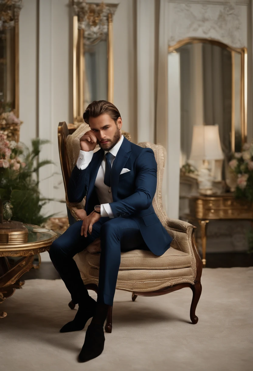 Character sitting in a chair with his arm raised, Cabelos escuros (neck-length hair tied in a ponytail), nice pose, homem bonito, cara bonita, Pose elegante real, Business man, (em um blazer listrado), (The surrounding environment is a luxurious and classic living room) (imagem de tom de areia)