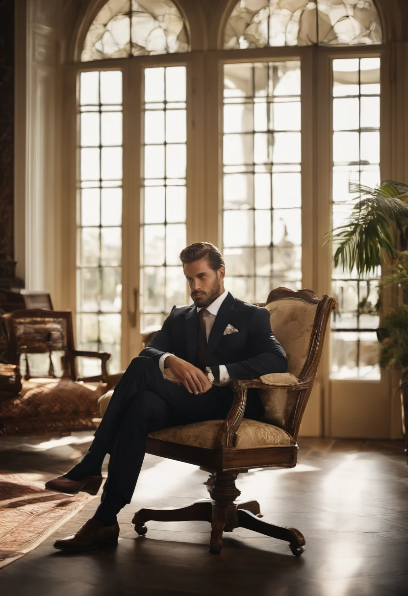 Character sitting in a chair with his arm raised, Cabelos escuros (neck-length hair tied in a ponytail), nice pose, homem bonito, cara bonita, Pose elegante real, Business man, (em um blazer listrado), (The surrounding environment is a luxurious and classic living room) (imagem de tom de areia)