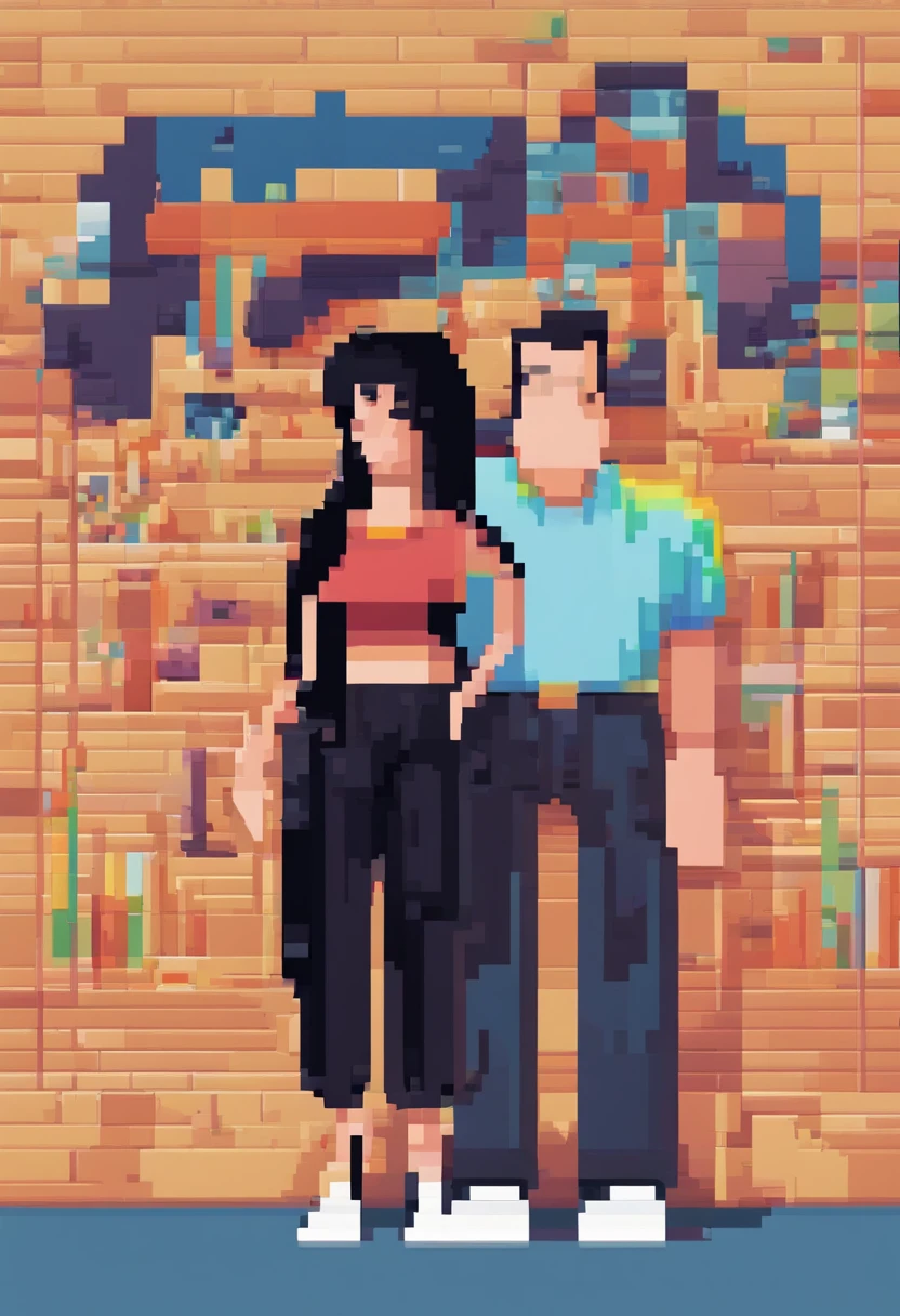 disney pixar poster, female couple with long black hair in black clothes and black trousers, male couple with black hair in blue shirt and black trousers holding hands, 3d animation