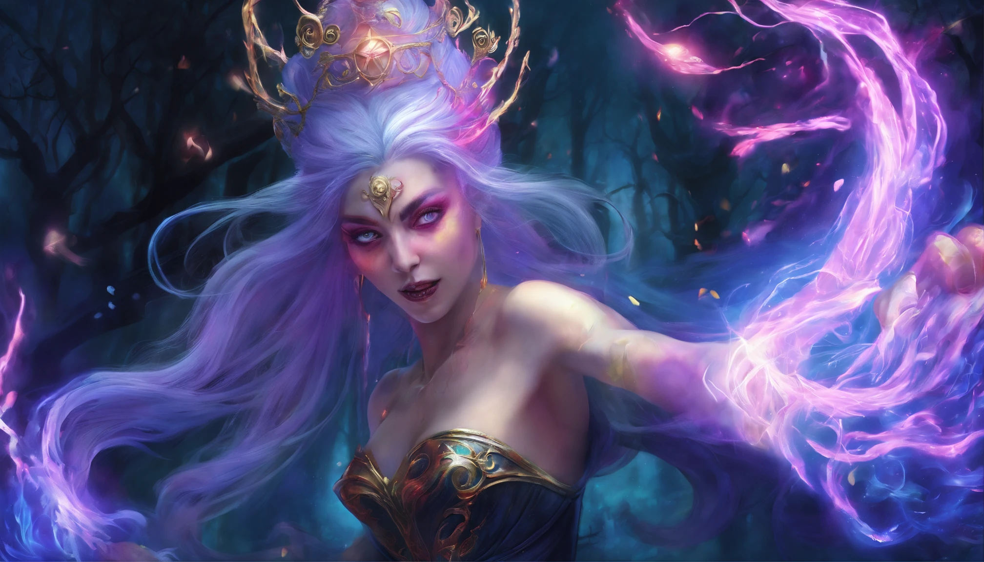 (a blue-haired demon woman,spells:1.1,glowing:1.1)(illustration)(best quality,ultra-detailed,realistic:1.37),demonic witch(demonic:1.1)(magic:1.1)(forest)(dark and mysterious,ominous atmosphere),casting powerful spells,creating magical energy(magic:1.1),vibrant pink hair(swirling pink hair)(flowing pink hair),horns(devil horns:1.1),piercing red eyes,enchanted scepter(magical scepter),elaborate dark robe,glowing magical sigils,fiery embers swirling(magical embers:1.1)(glowing embers),magical aura(glowing aura),eerie shadows,otherworldly presence(presence),sinister smile,nightfall in the background(dark night:1.1)(moonlit forest),lush and dense foliage(twisted trees)(mystical plants:1.1),mystical particles(swirling particles)(floating particles),ethereal glow(ethereal:1.1)(soft glow),faint moonlight breaking through the trees,haunting and captivating(scary atmosphere),bewitching beauty,wide range of colors(vivid colors)(contrasting colors),mystical realm,impressive details,dynamic composition,mesmerizing artwork,photorealistic style(picasso style),impressive shading and lighting,explosive energy,magical atmosphere(fantasy atmosphere),dreamlike scene